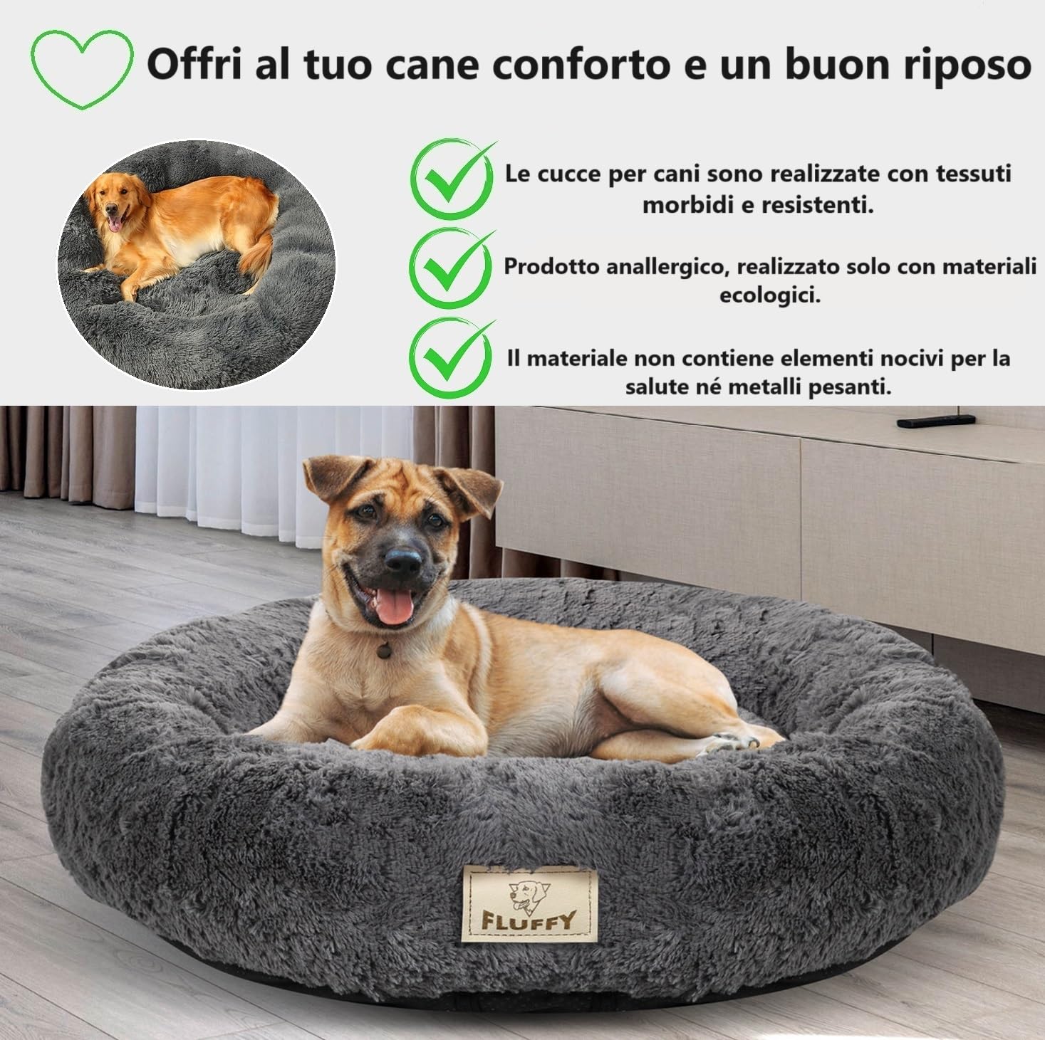 KING DOG Cuccia per cani rotonda cuccia morbida M 60 cm cuscino morbido con rivestimento in peluche cuscino interno estraibile fondo antiscivolo lavabile