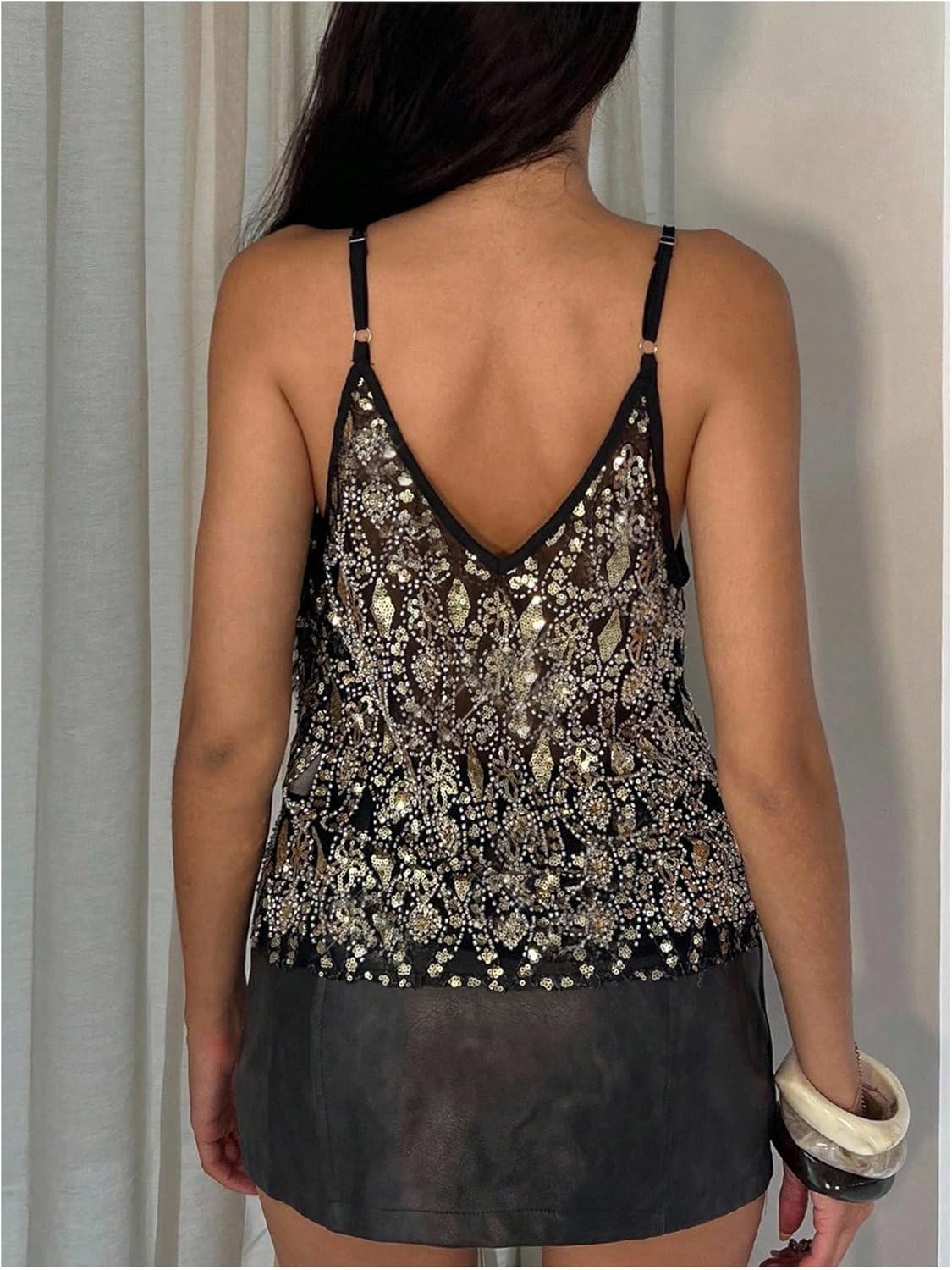 MakeMeChic Women's Mesh Sequin Camisole Top Sparkly Glitter Sleeveless Tops - Image 2