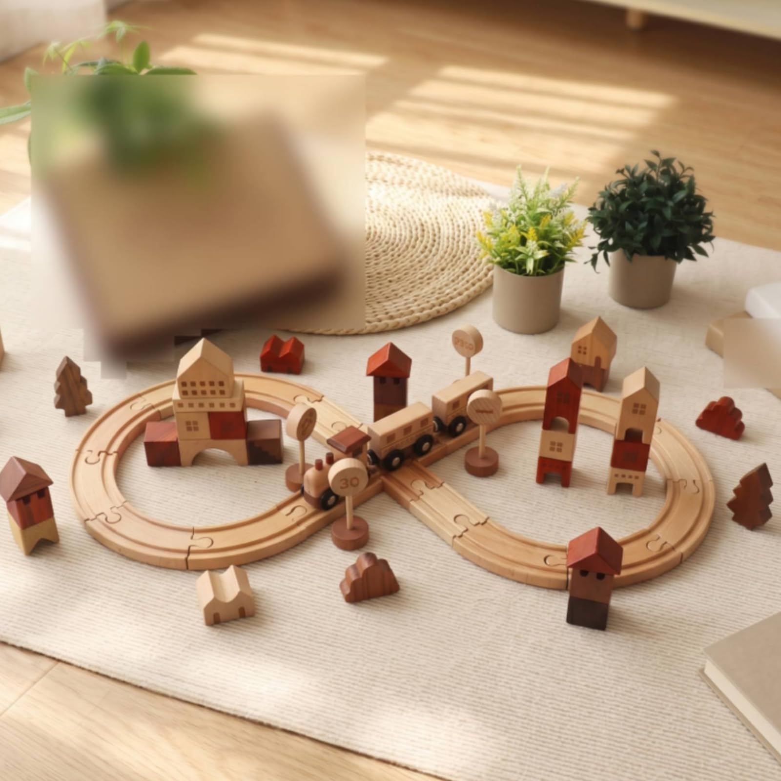 Almencla Kinder Bausteine Holz Eisenbahn Set Zug Spielzeug Strecke Zirkus Wagen Figuren Buchenholz für Vorschule Kinderparty Kinderzimmer Geschenk