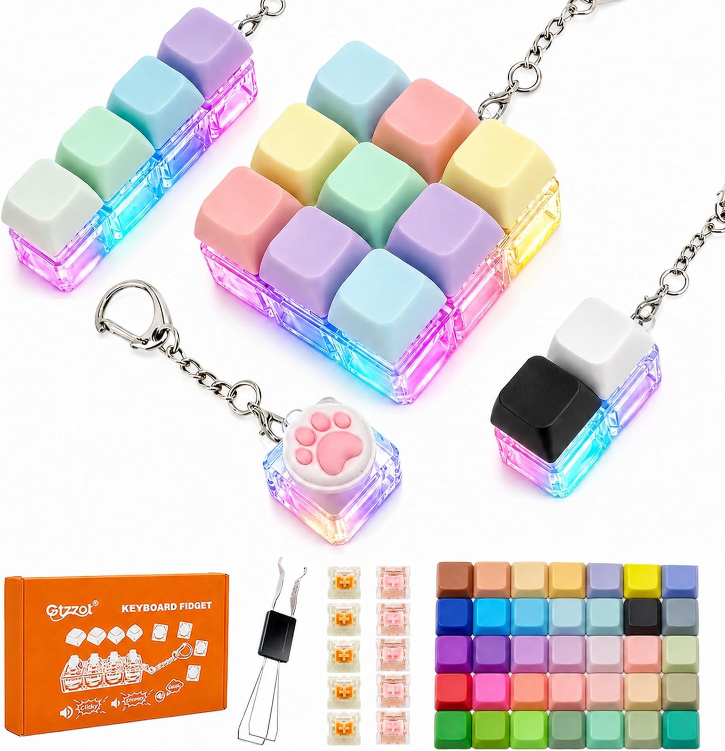 LED Keyboard Fidget Toy 4 Pack, Clicky/Creamy/Silent, 51 Keycaps