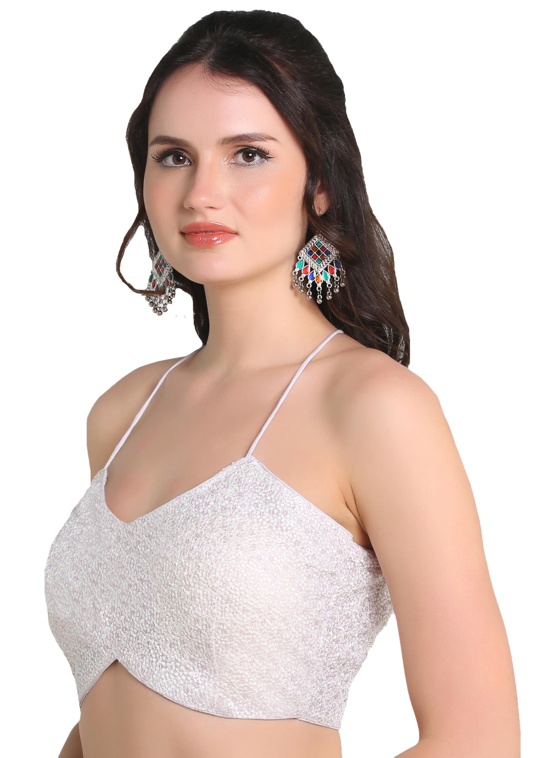 Women's Girls Net Sequin Embroidered Spaghetti Crop Top Blouse Indian Ethnic wear shipli Blouse for Saree White Blouse Party Wedding Festive