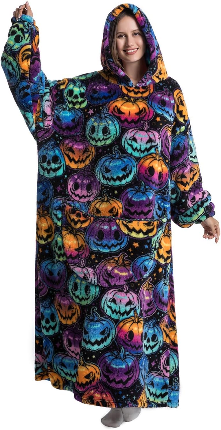 Women Hooded Wearable Blanket Sweatshirt Oversized Fleece Loungewear Print Warm Pajamas with Pocket for Winter Home Lounge