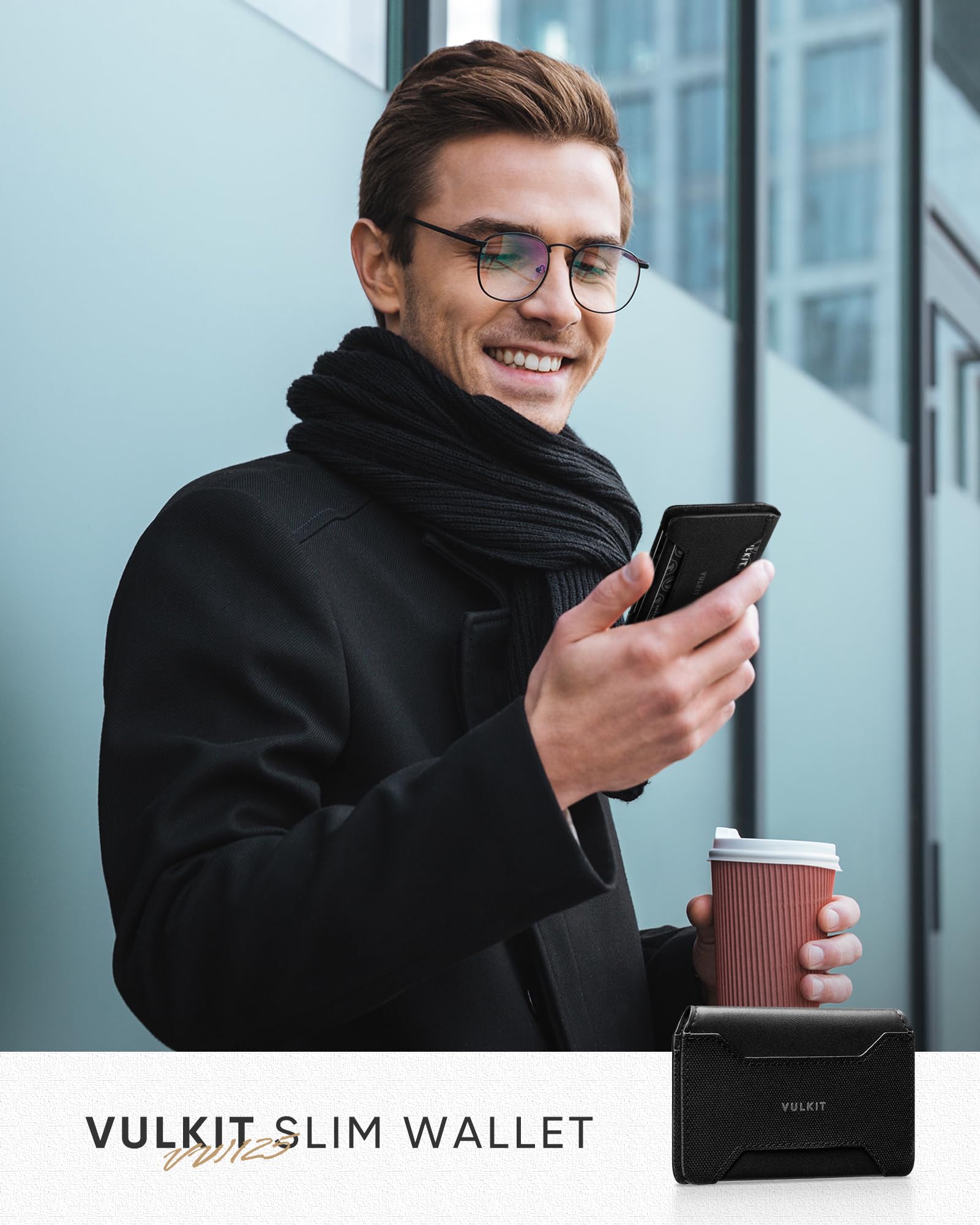 VULKIT Slim Card Holder Leather Front Pocket Wallet RFID blocking Magnetic Closure Minimalist Bussiness Card Case(Black)