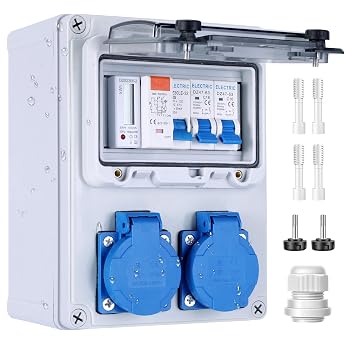 VAYALT Wall Distributor Pre-Wired Power Distribution with Electricity Meter Construction Power Distribution with FI + LS Circuit Breaker 2 x 230 V Schuko Sockets IP67 Waterproof Housing