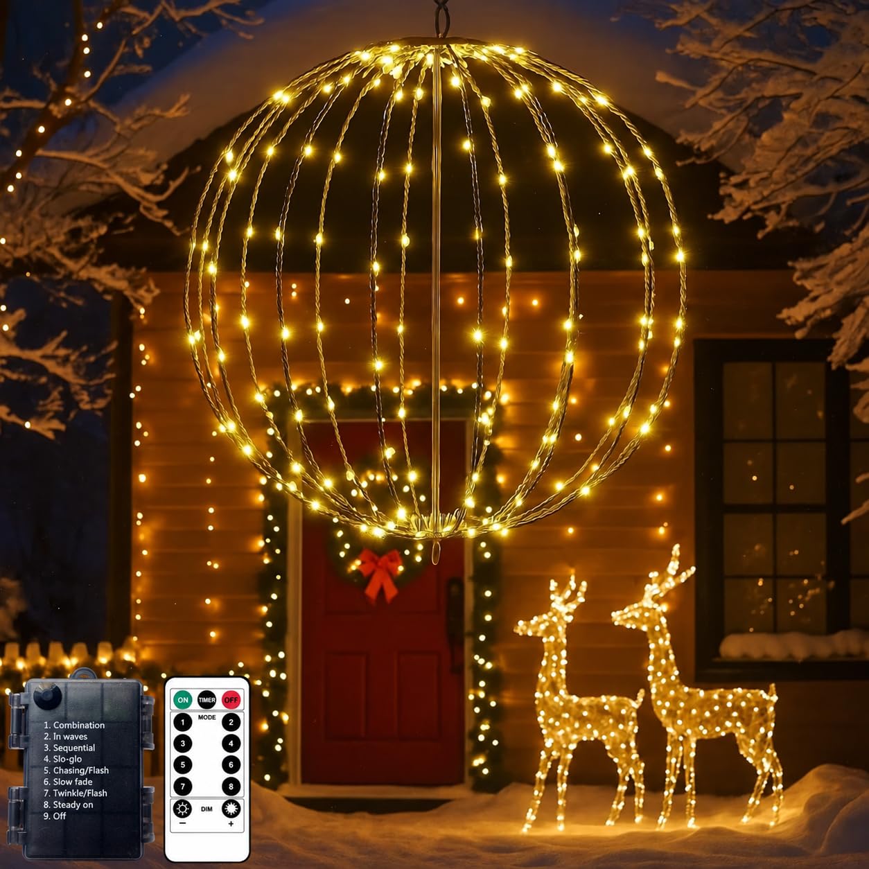 Kimuwote Weihnachtsbeleuchtung Außen Batterie, 30cm Hängende LED Kugel Lichter Timer 120 LED Leuchtkugel Weihnachtsdeko Outdoor 8 Modi Wasserdichte für Garten Party Innen (Warmweiß)