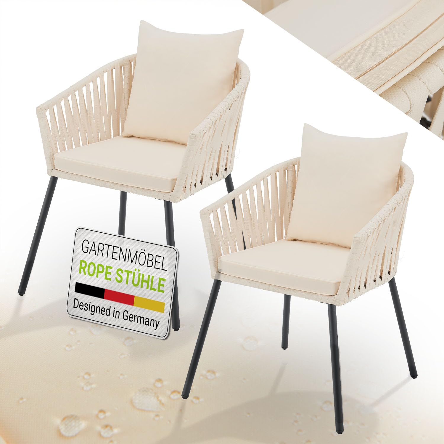 Juskys Rope Gartenstühle 2er Set | mit Sitz- & Rückenkissen, Beige, wetterfest