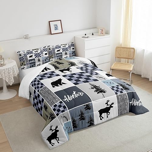 Miniatura 10 de Juego de edredón rústico de cabaña para niños, tamaño individual, juego de ropa de cama de caza de ciervos y oso para decoración de habitación de