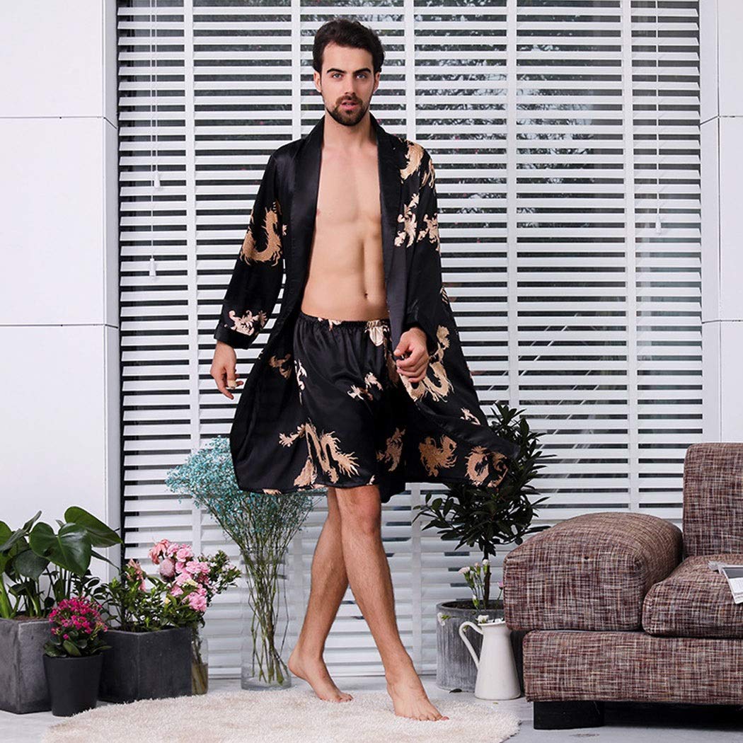 WYAN Men's Silk Satin Pajamas Bathrobe 