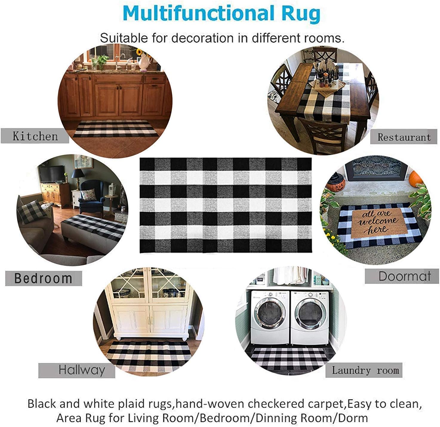 Buffalo Plaid Rug 27.5 x 43 Inch Black and White Check Cotton Hand-Woven Indoor or Outdoor Doormat Layered Door Mats Washable Carpet for Porch, Kitchen, Farmhouse, Entryway