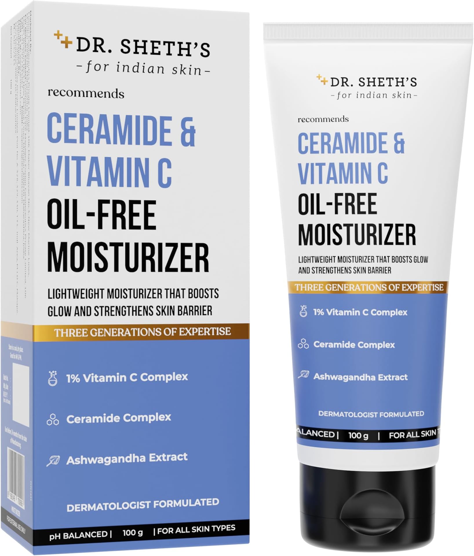 Ceramide & Vitamin C Oil - Free Moisturizer| Lightweight Moisturizer To Hydrate & Brighten Skin | With Vitamin C, Ceramide & Ashwagandha | For Women & Men | 100G