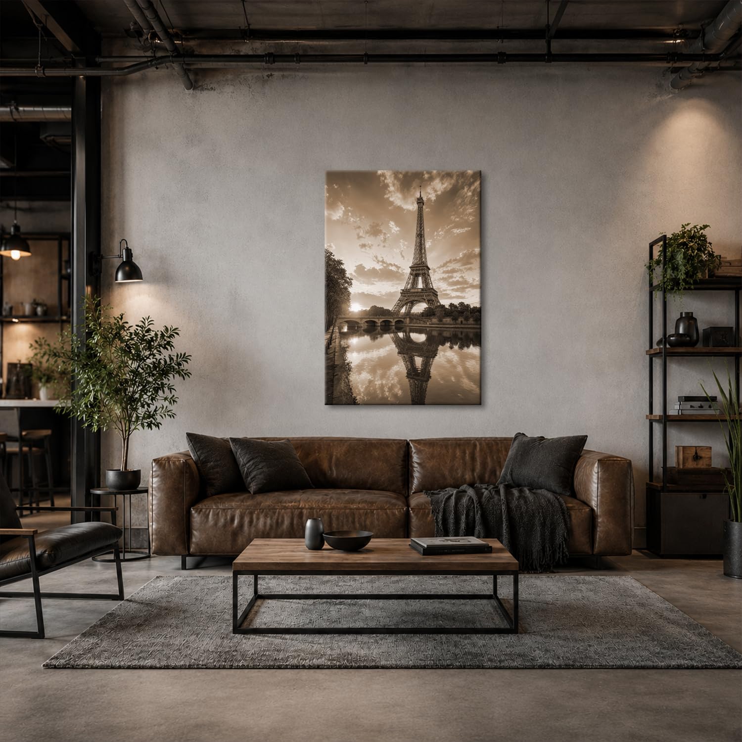 deyoli Obraz na płótnie Wieża Eiffla nad Sekwaną w świetle słonecznym 90x60cm Sepia