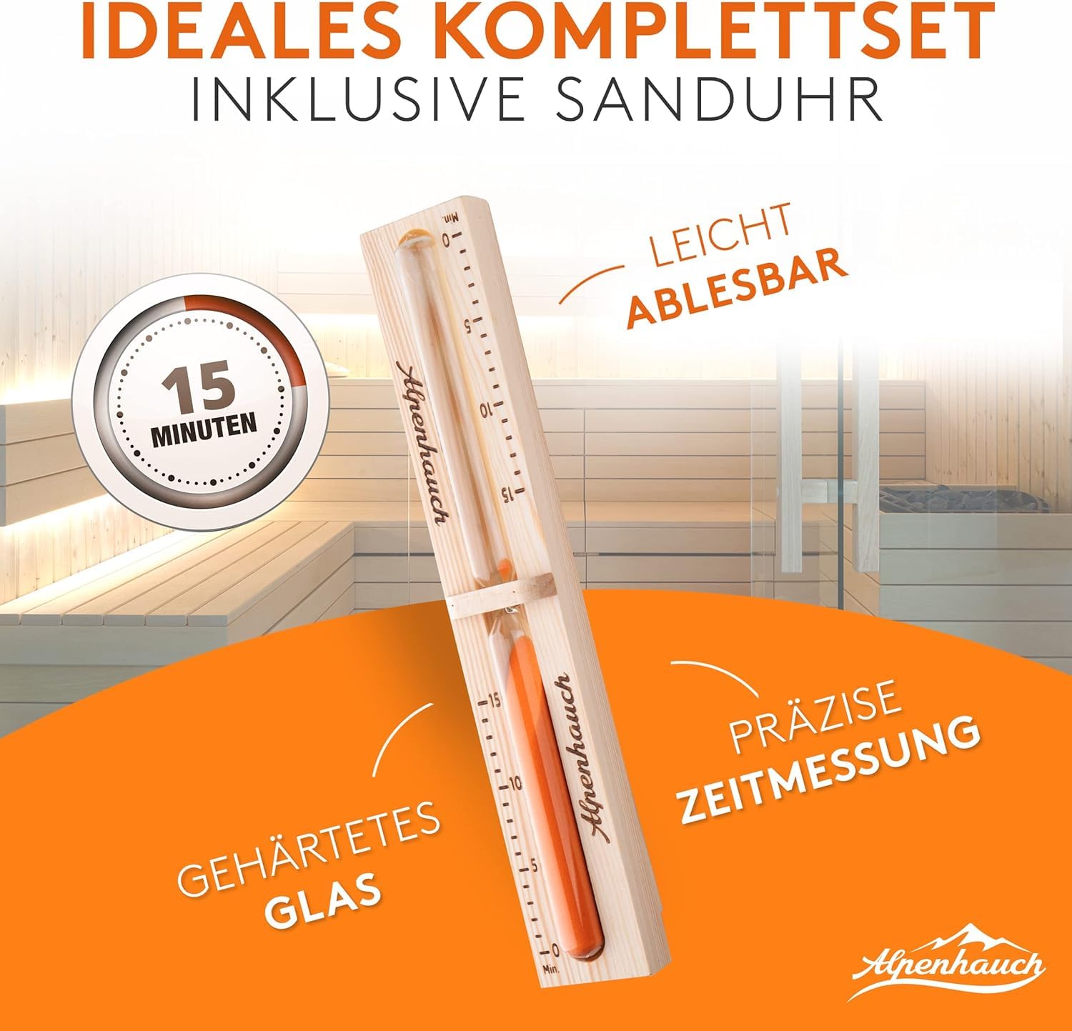 ALPENHAUCH Sauna Eimer mit Kelle 100% Naturholz - Saunakübel mit Sanduhr & Thermometer - Sauna Zubehör Aufgusseimer Set