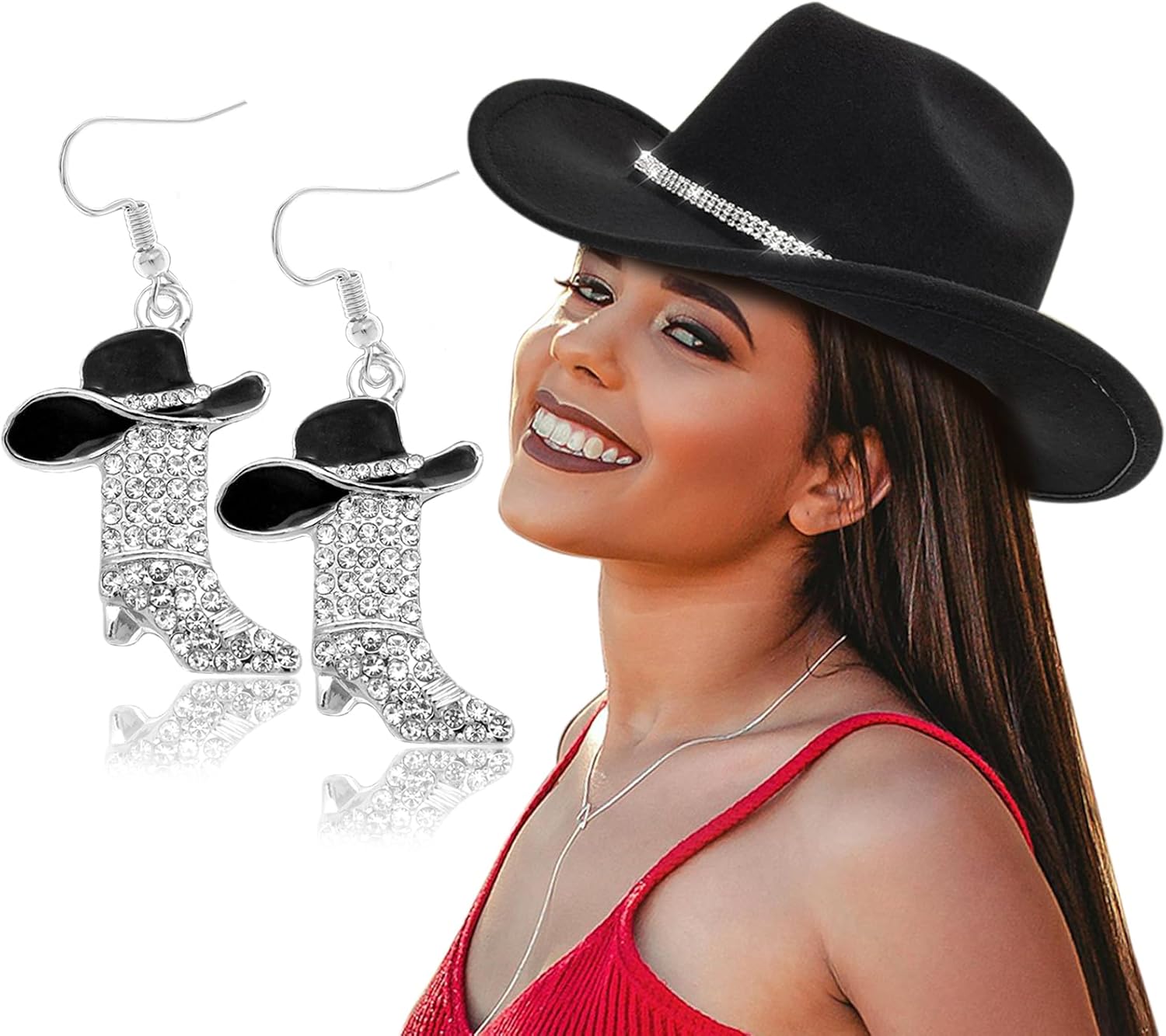 Aswitnove Cowboy Hat Rhinestone Cowgirl Boots Earrings Set Western Earring Felt Fedora Jazz Hat Rodeo Outfit for Women Size M