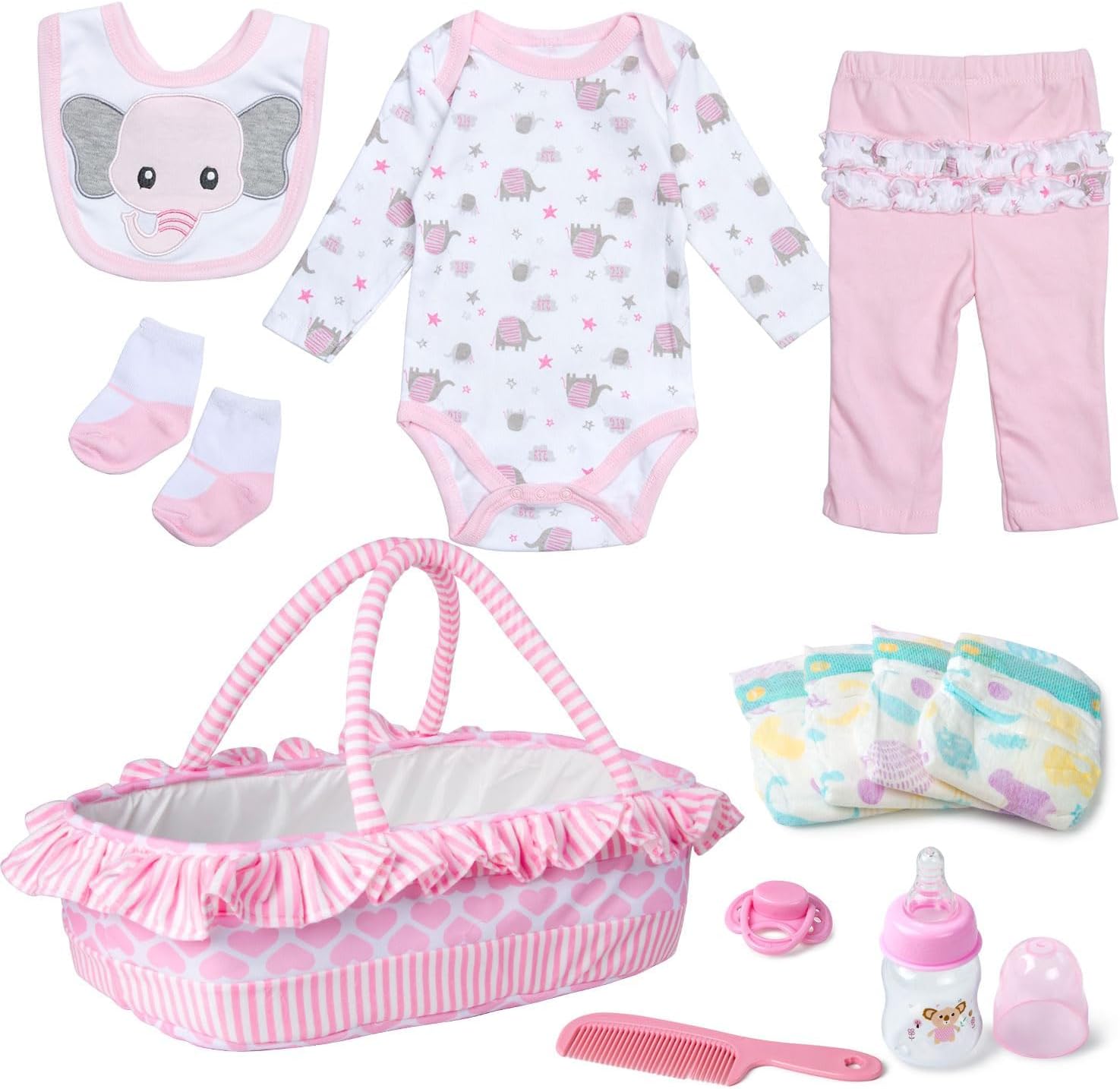 Reborn Baby Doll Clothes 18-22 Inch Pink Elephant Newborn Reborn Baby Clothes with Bassinet 20 inch Doll Accessories 12 Pcs Outfits