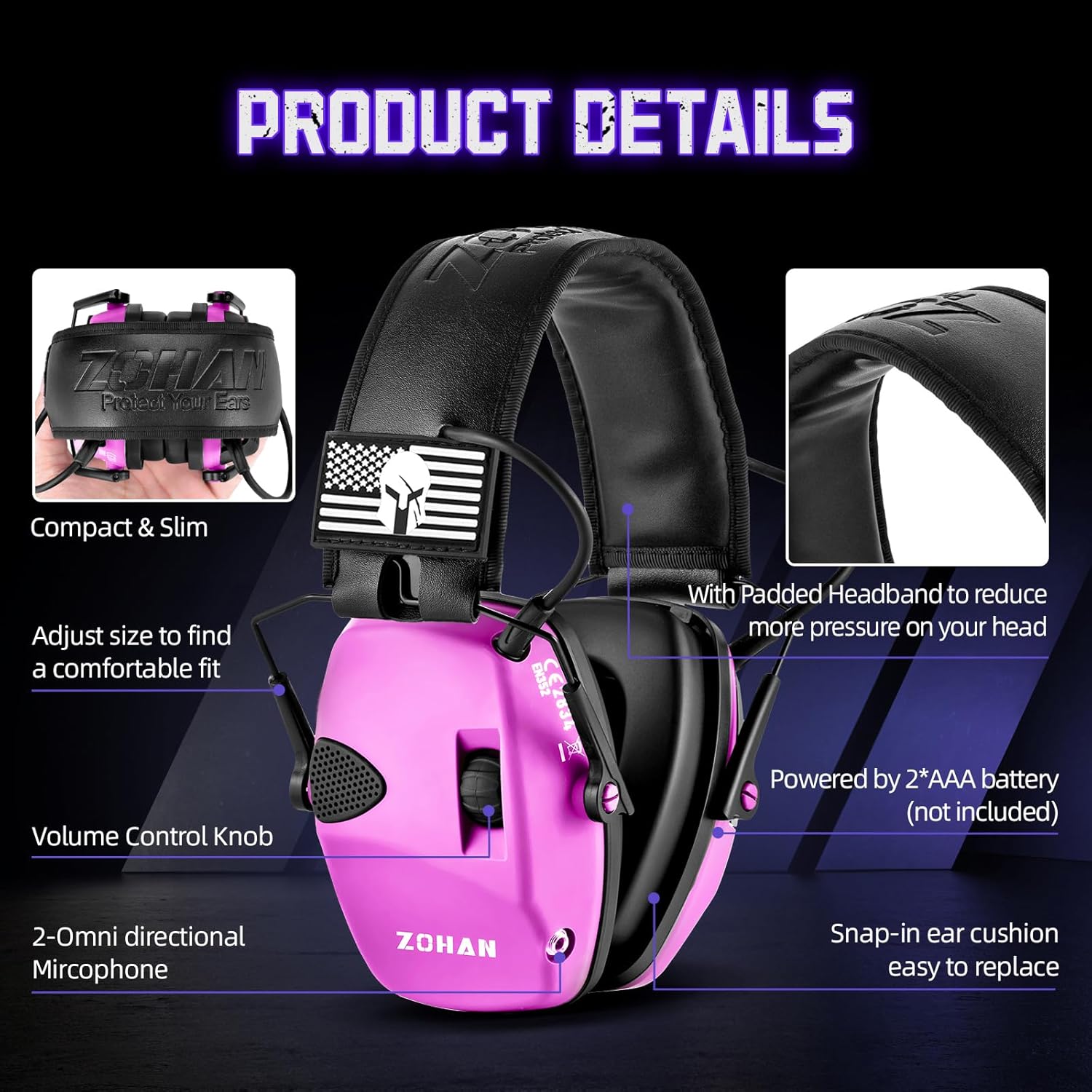 ZOHAN Electronic Shooting Earmuffs, Hearing Protection Shooters, NRR 23dB Noise Reduction Gun Range Ear Protection Headphones - Image 5