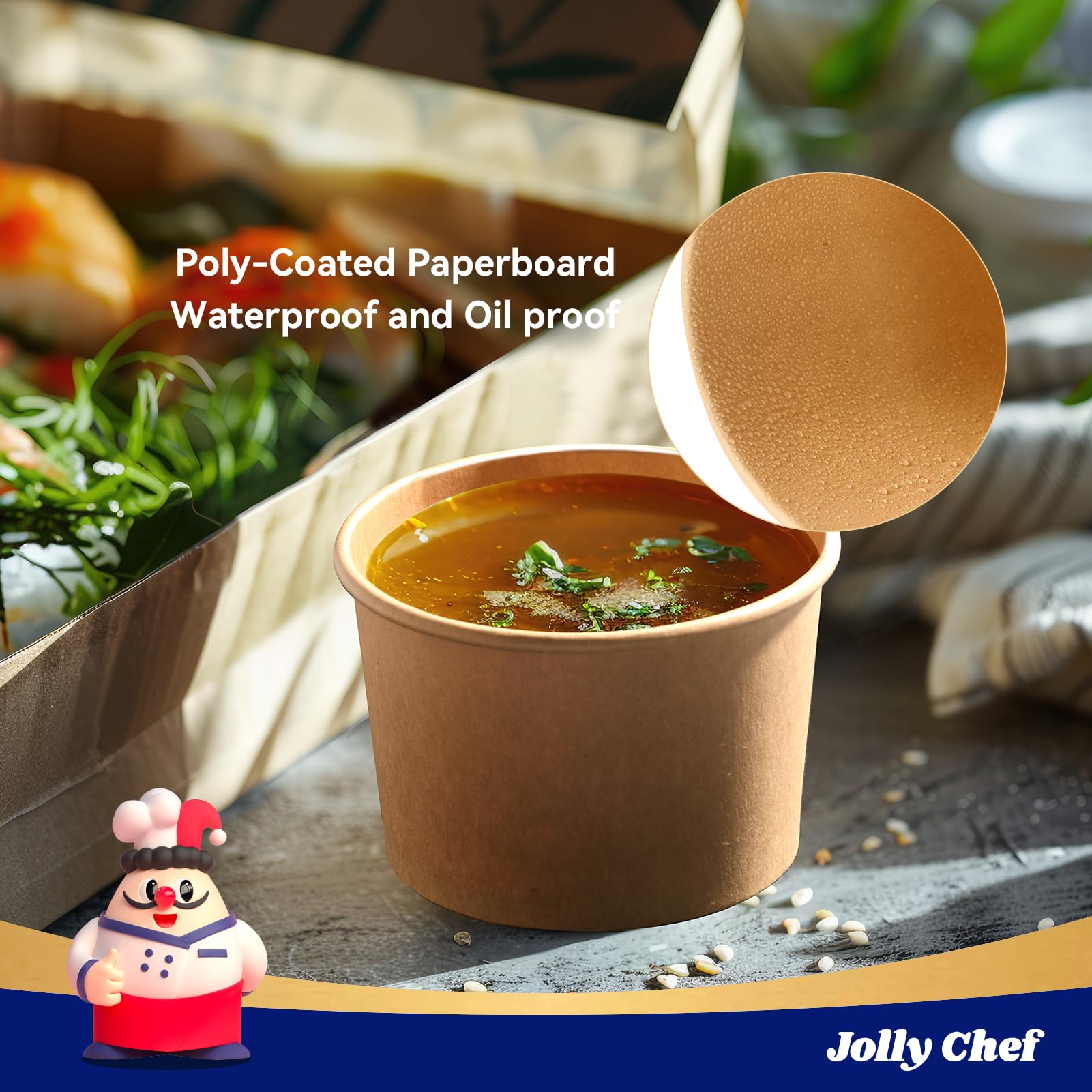 JOLLY CHEF Paquete de 50 recipientes desechables de papel para alimentos con tapas de 8 onzas | To Go - Cuencos de sopa desechables con tapas para restaurante, fiesta, picnic