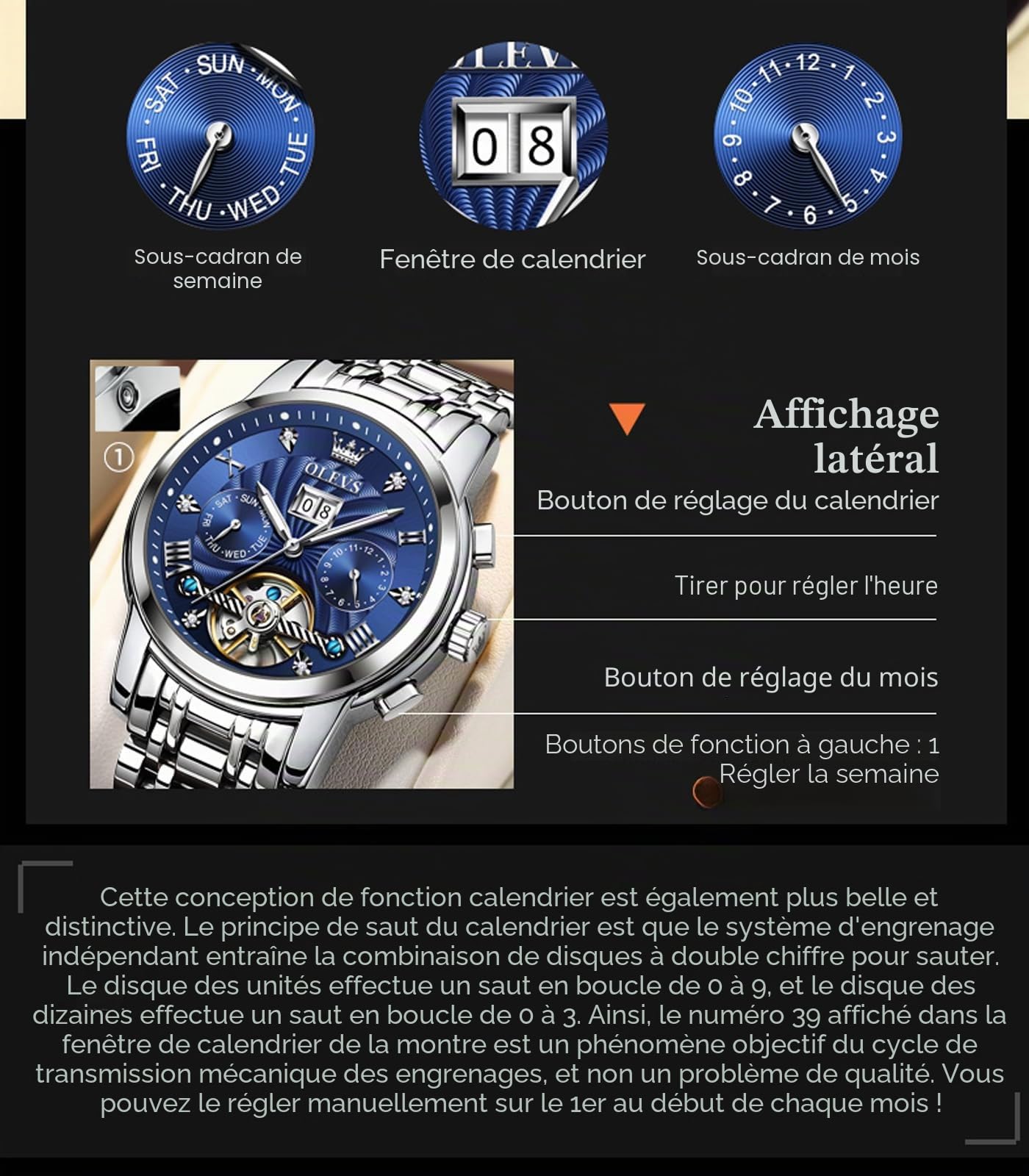 OLEVS Montre Automatique pour Homme - Mécanique Squelette à remontage Automatique - Montre de Luxe - Phase de Lune - Lumineuse - Jour - Date - Étanche