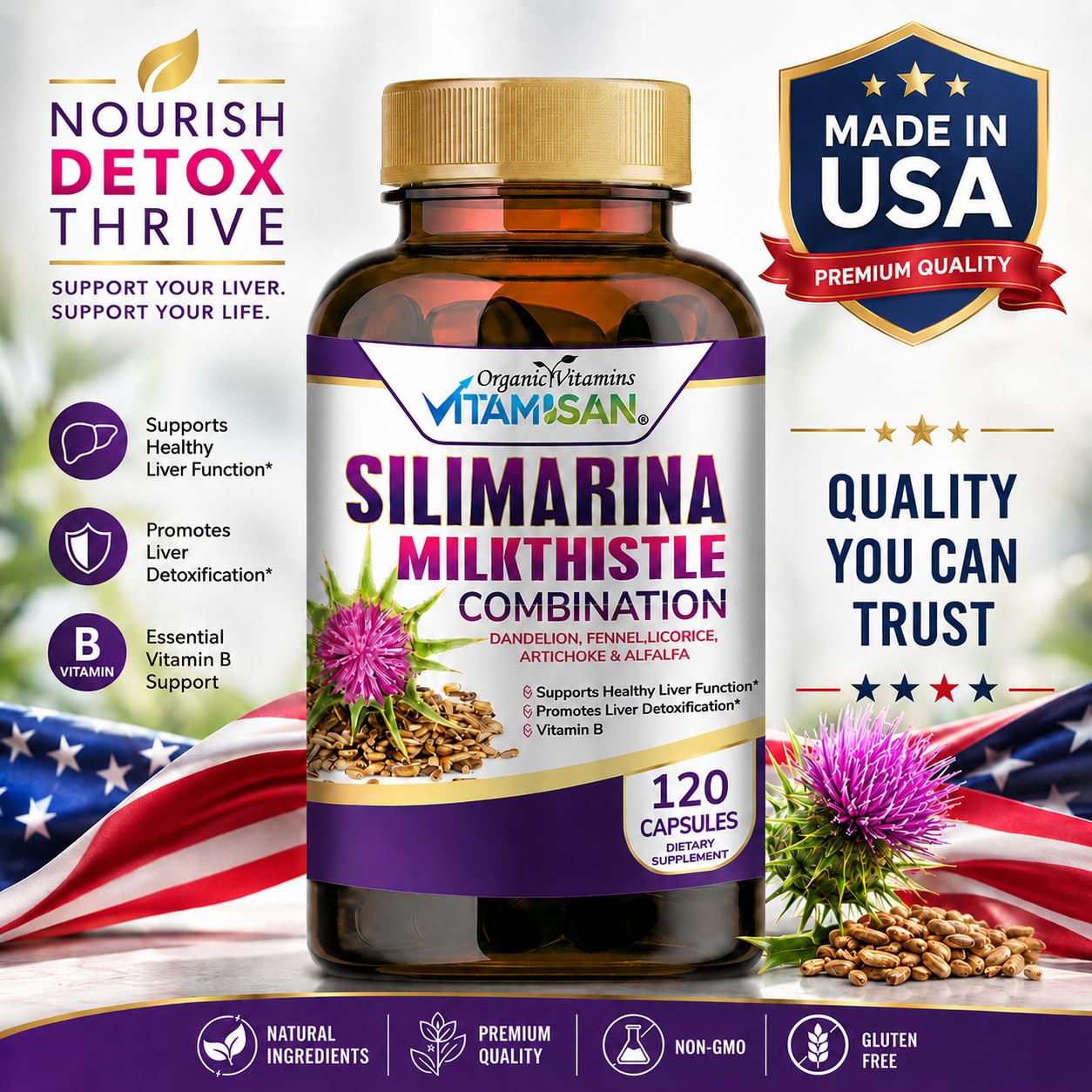 VITAMISAN Milk Thistle silimarina with Dandelion, Fennel. Licorice, Artichoke Alfalfa Detox & Cleansing Formula Support Liver 120 Capsules — Amazon image 7