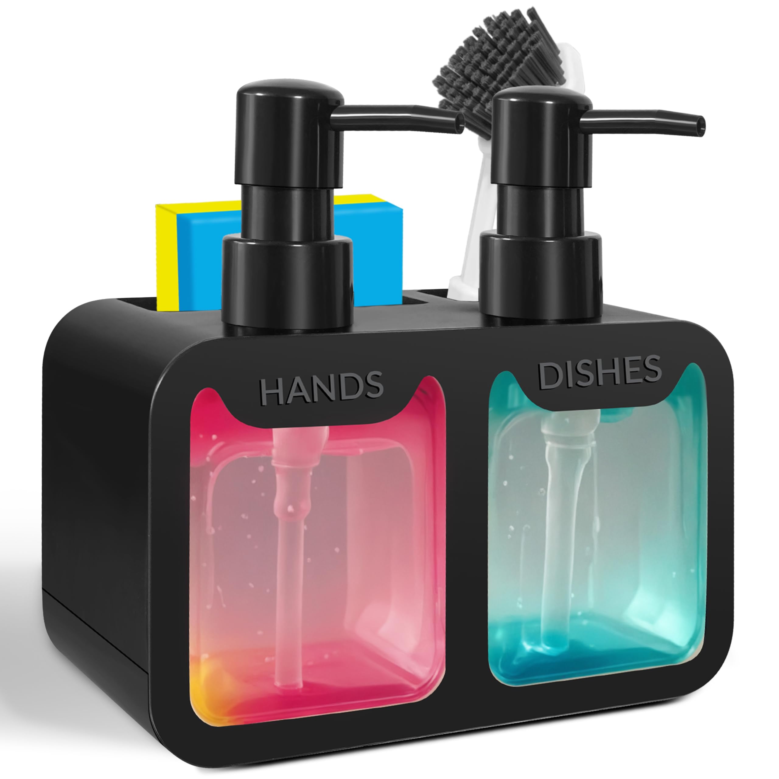 Dispensador de jabón de cocina 4 en 1, doble dispensador de mano y plato, organizador de esponja y cepillo, fregadero de cocina para encimera (negro)