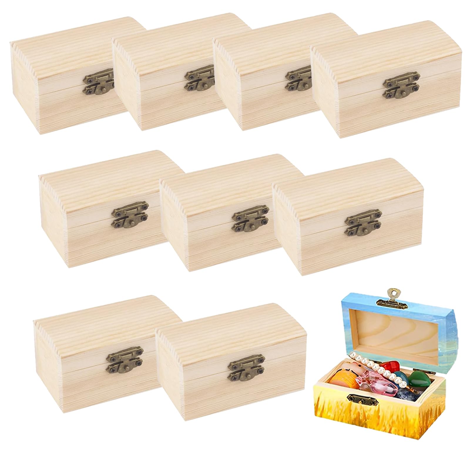 Caja de Madera Pequeña, 10 Pezas Caja de Pequeña DIY, 9 x 5,5 x 5cm Mini Cofre del Tesoro de Madera, Mini Cofre del Tesoro de Rectangular con Tapa, para Almacenamiento y Decorar