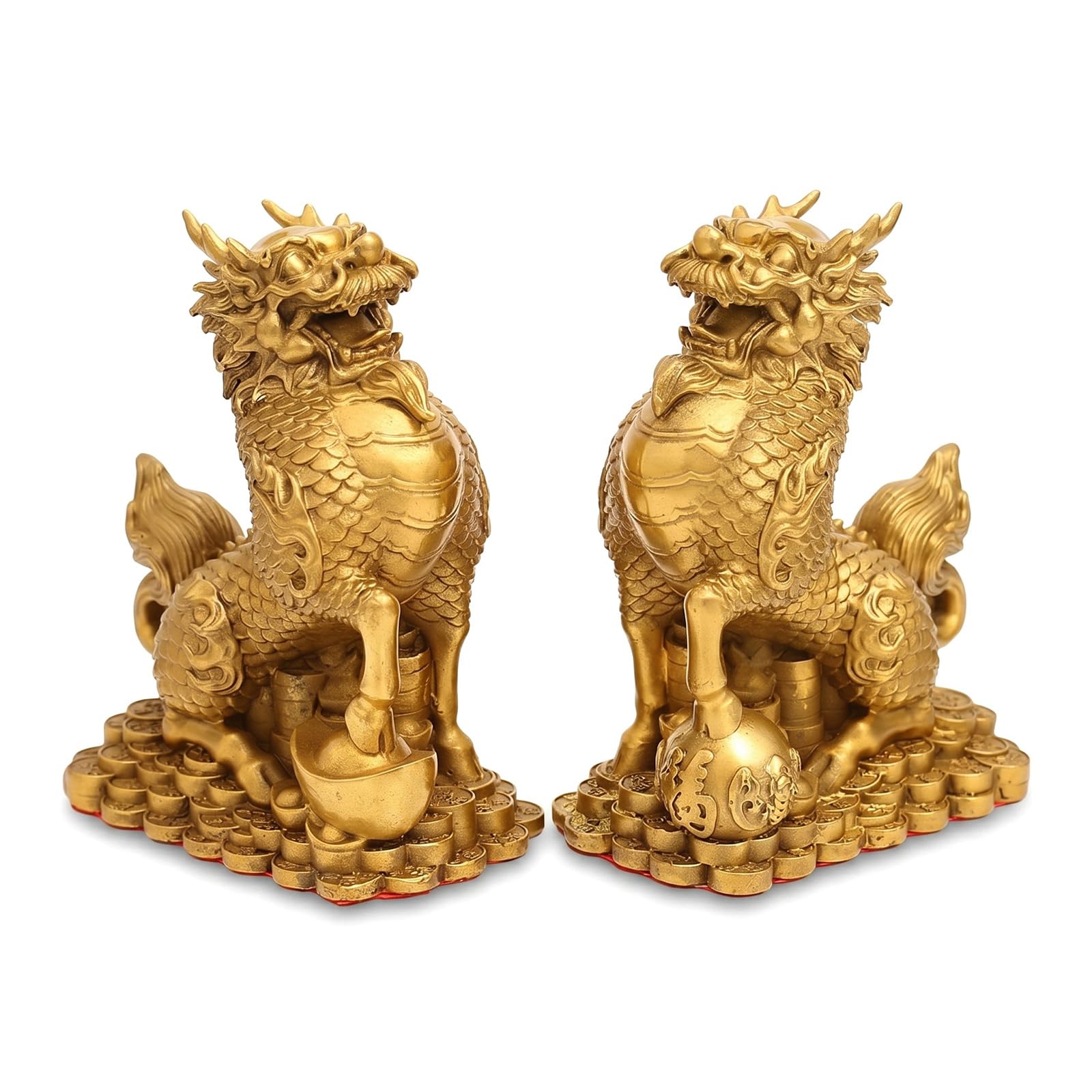 Wo Lai Gou A Pair Of Lucky Brass Qilin Statues, Feng Shui Kylin Figurines With Ingot & Coin Base, Chinese Unicorn Sculpture For Home Office Decor, Wealth Prosperity Ornament