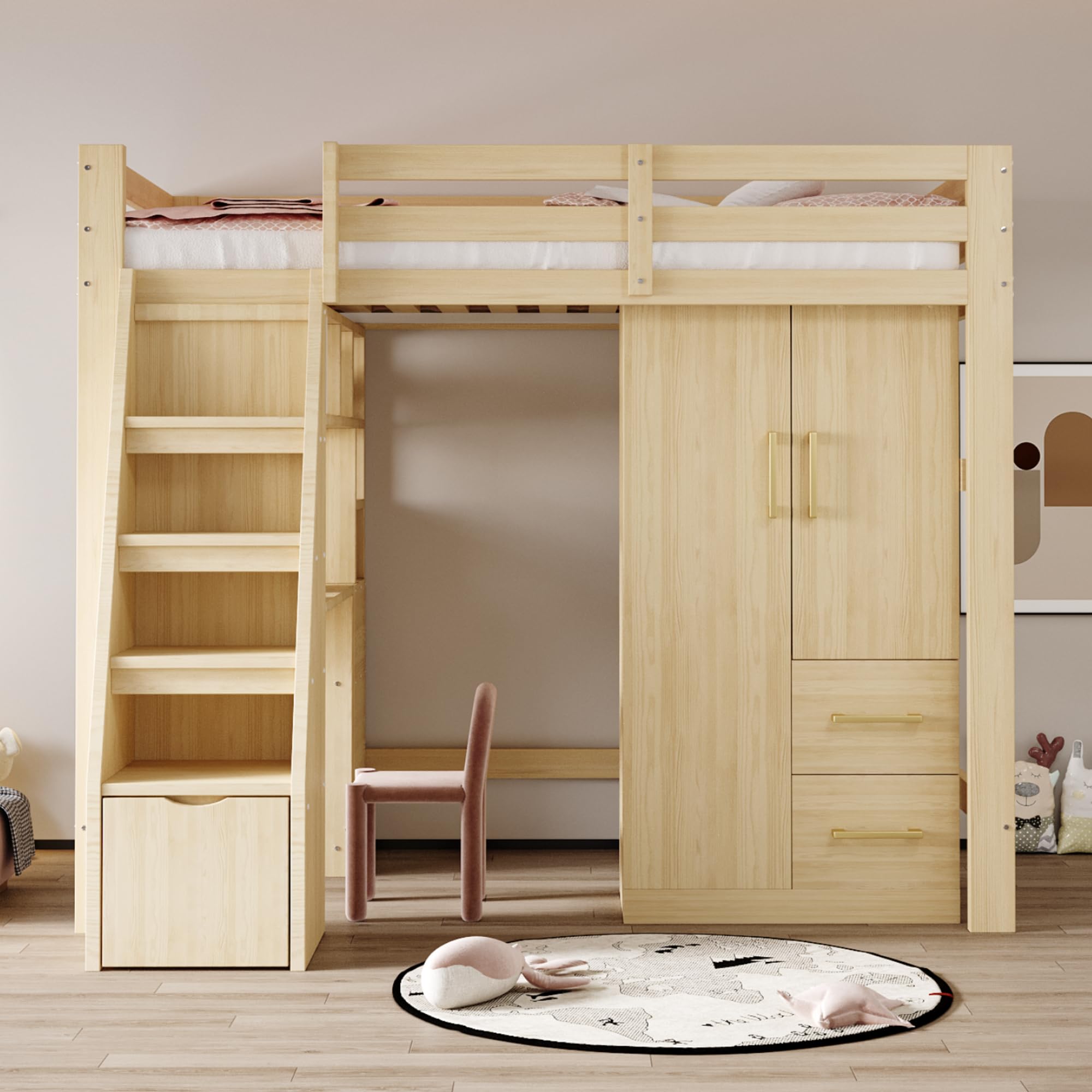 Lexiou Armario de 70 x 40 x 135 cm, diseño de doble puerta con cajones y compartimentos de almacenamiento, armario infantil, armario individual (color madera)