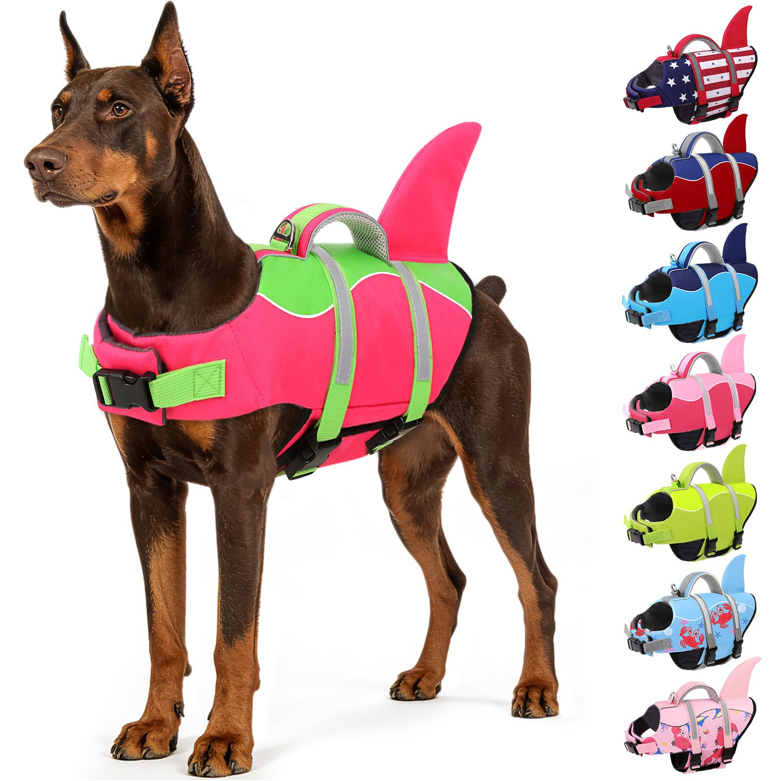 AOFITEE Dog Life Jacket, Dog Life Vest for Swimming, Shark Dogs Swimming Vest with Rescue Handle and Reflective Stripe, Ripstop Pet Float Coat Swimsuit Lifesaver Small Medium Large Dogs Hot Pink L
