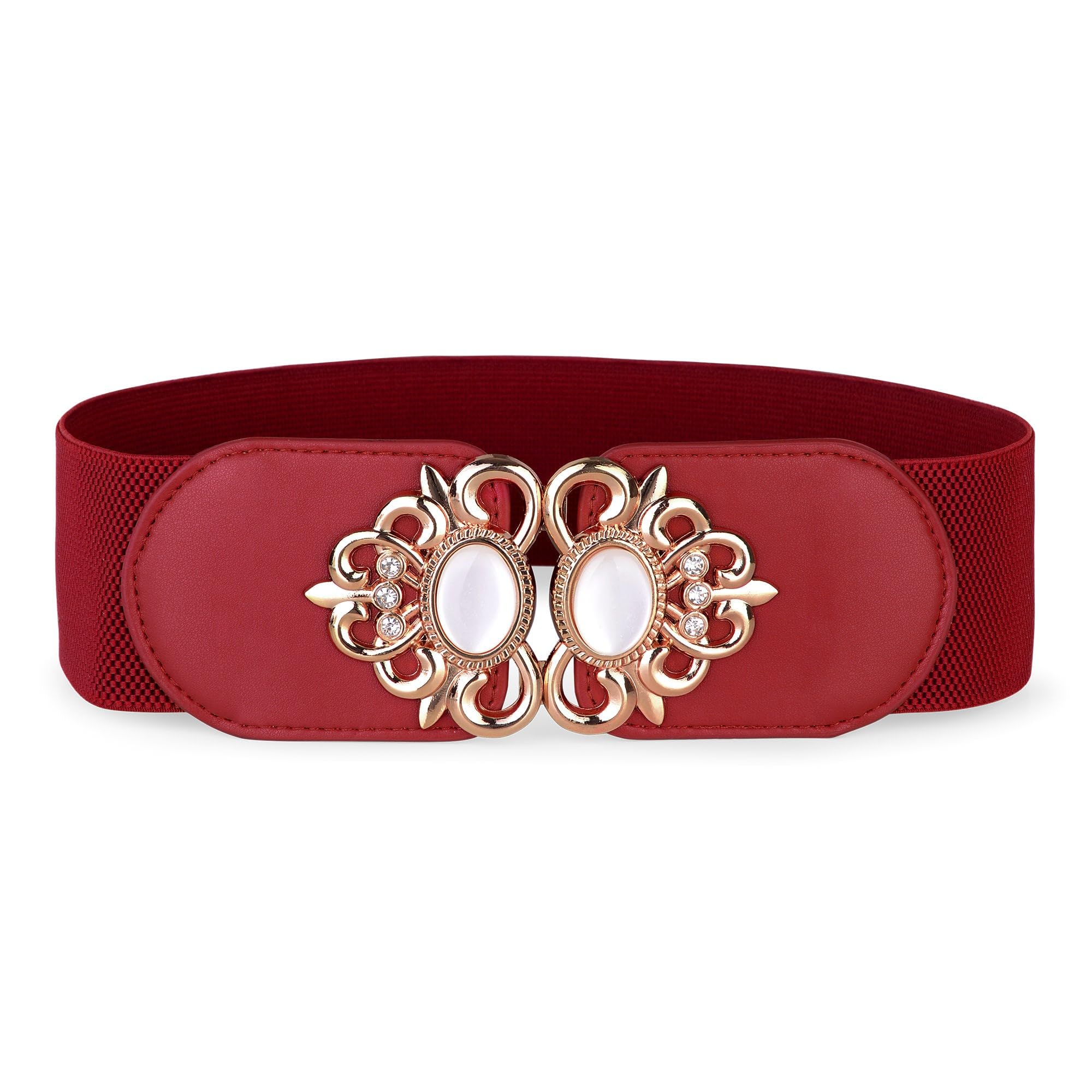 BlackButterfly Stretchy Vintage Wide Waspie Elastic Pearl Buckle Waist Belt (Red, XXL)