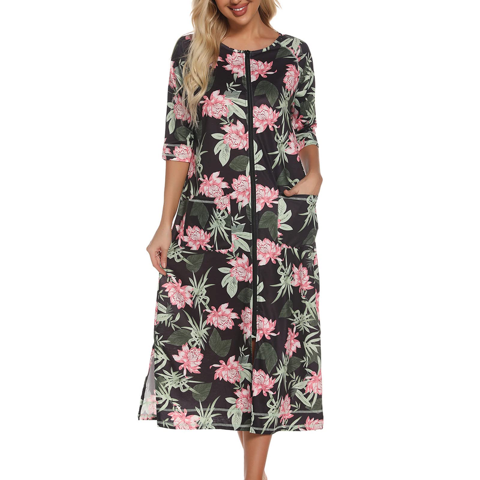 NSICBMNO Robe de chambre florale légère pour femme - Longue fermeture éclair - Manches 3/4 - Col rond - Vêtements de nuit
