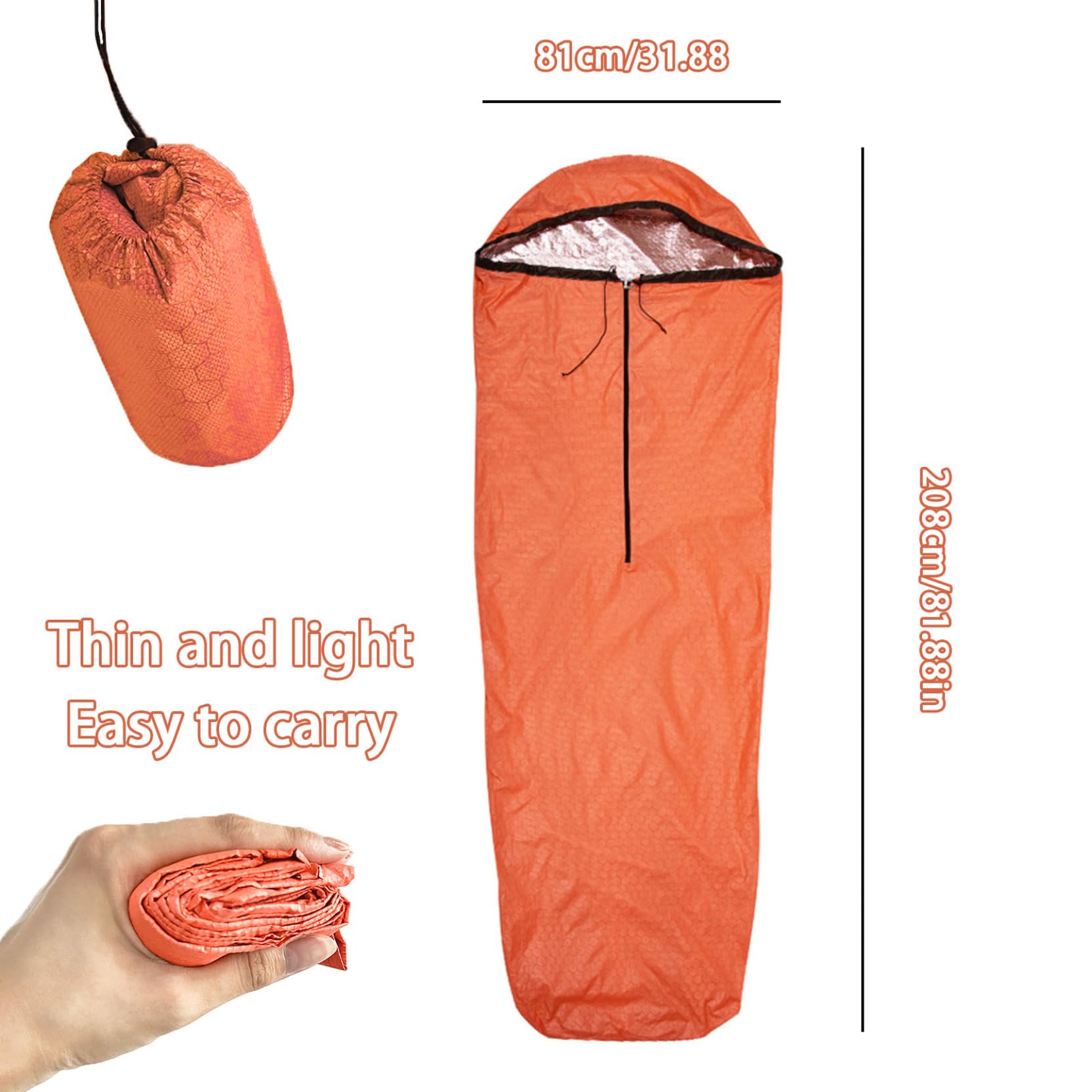 Orange Notfall-Schlafsack, Leichter Rucksack-Schlafsack, wasserdichter Biwaksack, Wiederverwendbare Notfalltaschen für das Überleben, tragbares Überleben für den Außenbereich