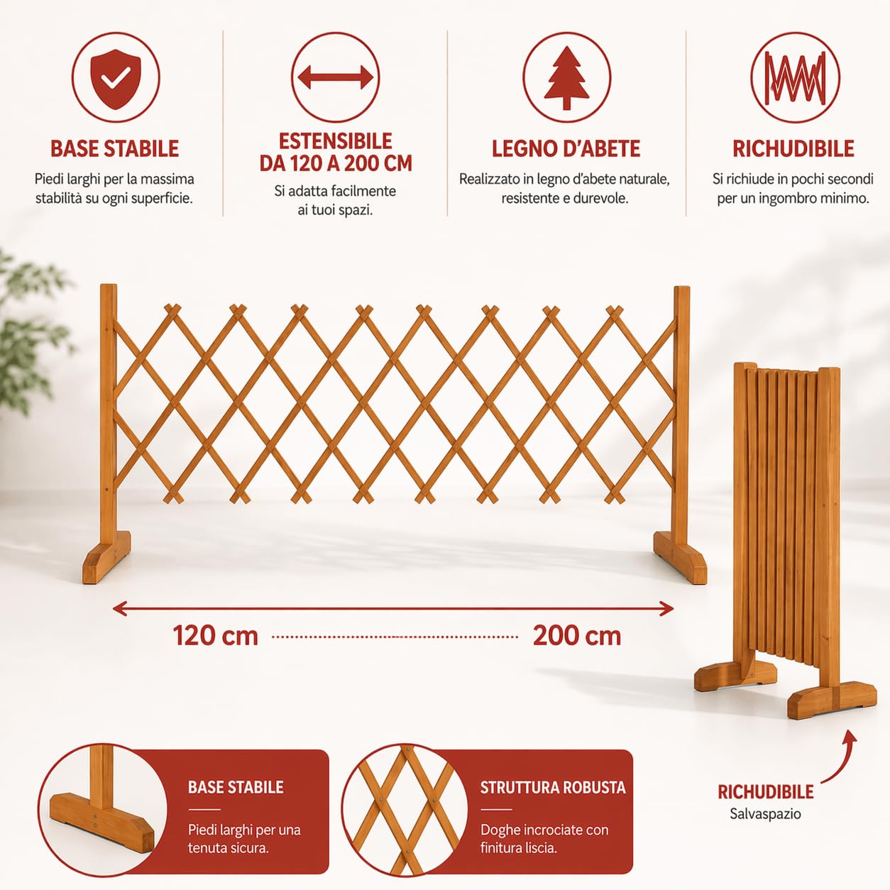 Staccionata in Legno Estensibile 120x120-200cm, Recinto a Rombo per Giardino ideale per Giardino, Bar, Ristoranti e Centri Commerciali – Divisorio Salvaspazio e Resistente