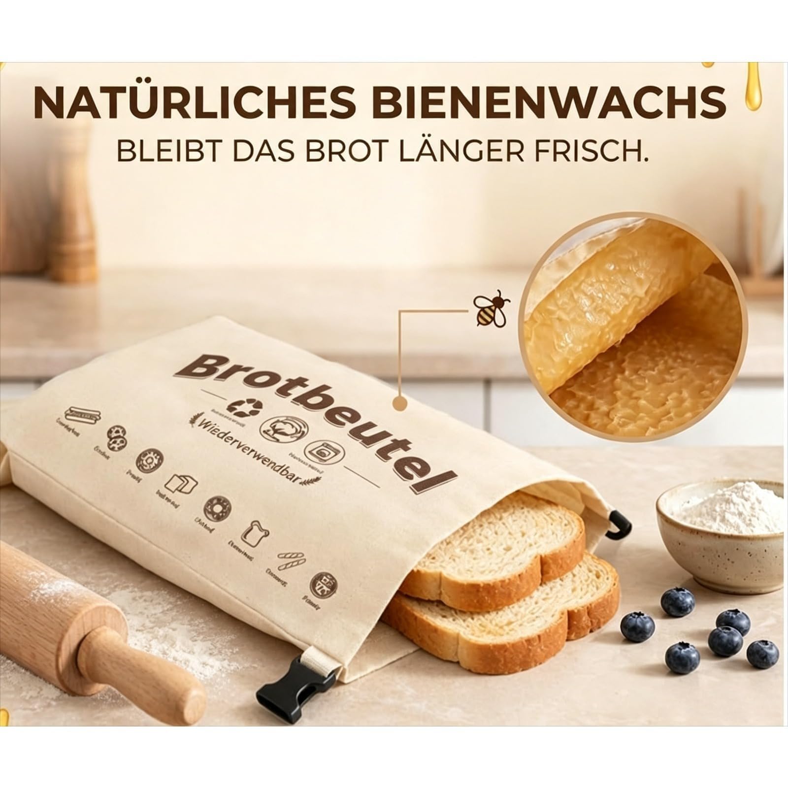 Bienenwachsbeutel, Wiederverwendbare Brotbeutel Aus Baumwolle, Zur Frischhaltung Von Brot Und Backwaren (Weiß,2pcs)