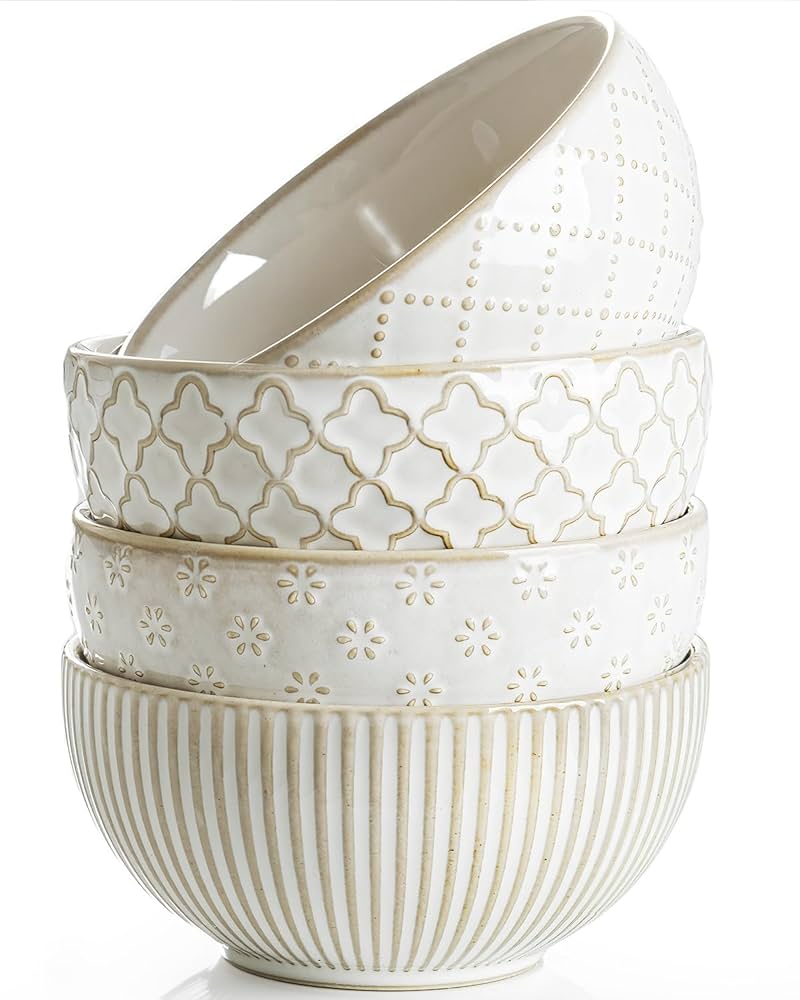 getstar Ceramic Bowl, Small Dessert Bowls Set of 4 with Assorted Embossment (4.5 inch & 10 oz), Farmhouse Vintage Color Bowls for Kitchen