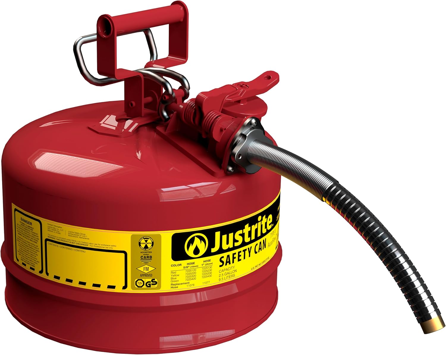 Justrite 2.5 Gallon Type II Red Safety Gas Can for Gasoline with Flame Arrester, Self-Closing Lid, and 1" Flexible Metal Spout, Made in the USA, Galvanized Steel Flammable Storage Can, 7225130