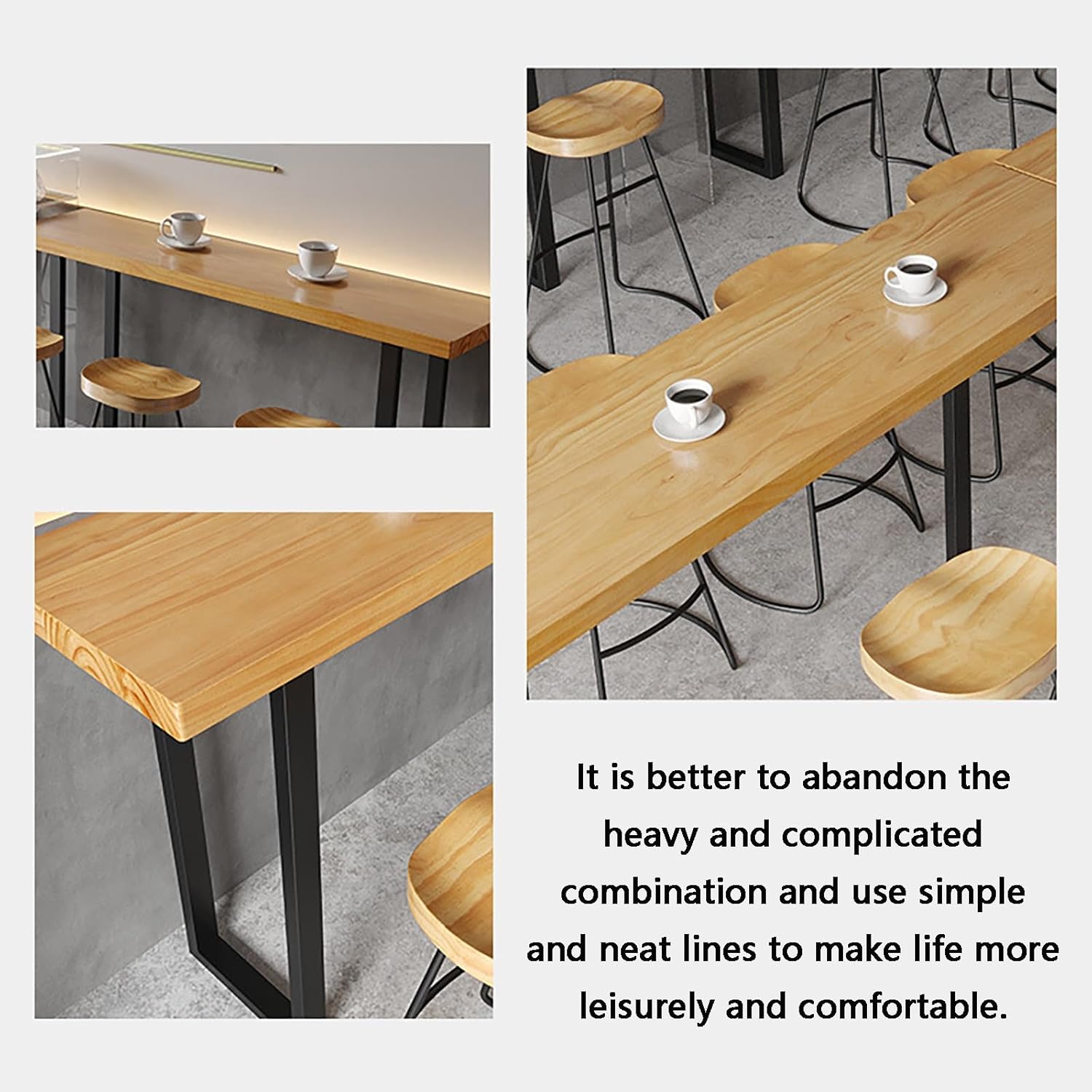 Narrow Long Solid Wood Bar Table Wall-Mounted Home Balcony Simple Long Table Bar Milk Tea Shop High Table Counter Height Bar Table with Metal Legs Suitable for Small Space Without Stools
