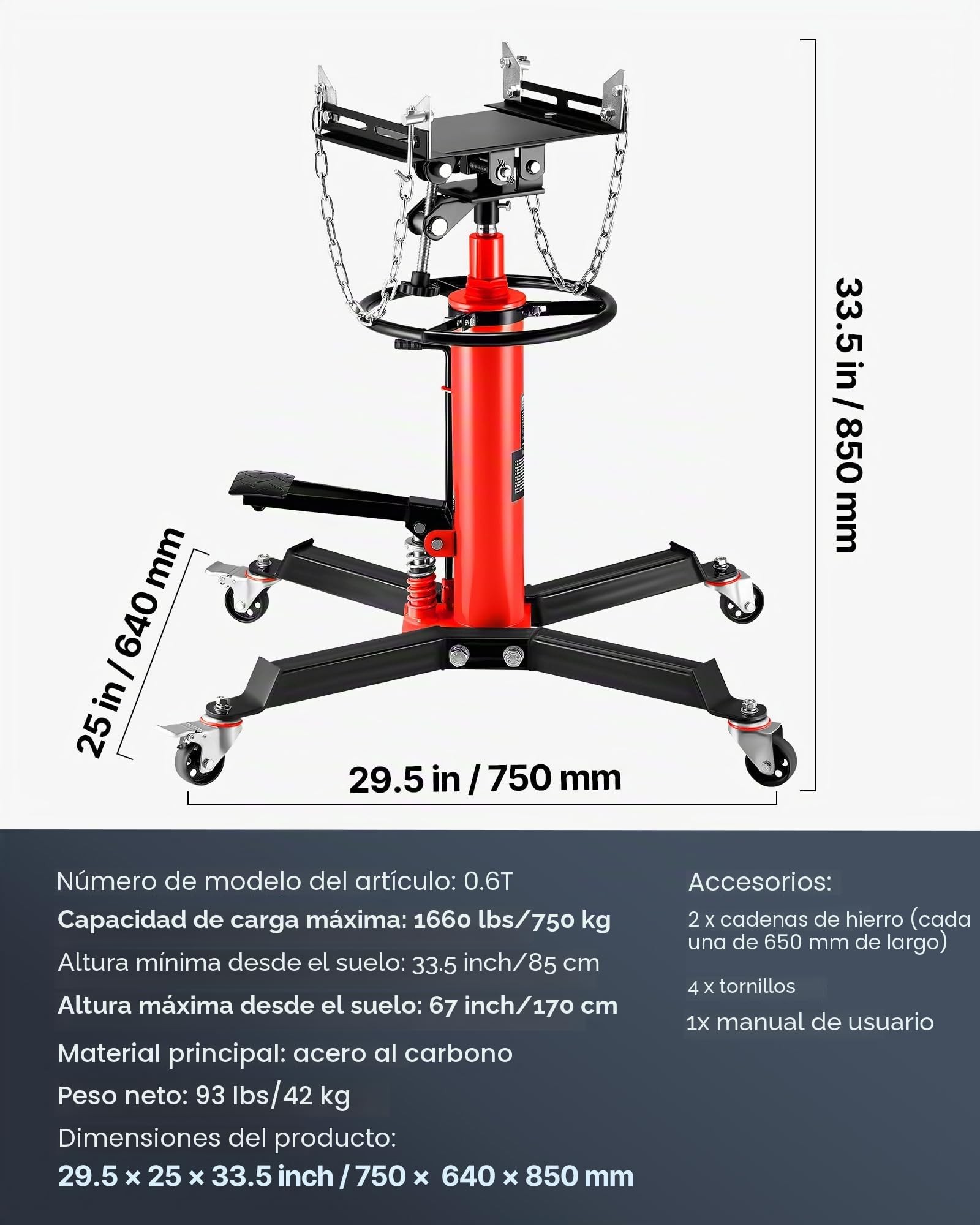VEVOR Gato de Transmisión Hidráulico 1660 lbs Telescópico Vertical de Elevación 85 x 65 x 85 cm Rojo Acero Bomba Hidráulica de Pie de Elevación Gatos de Accionamiento Hidráulico de un Cilindro