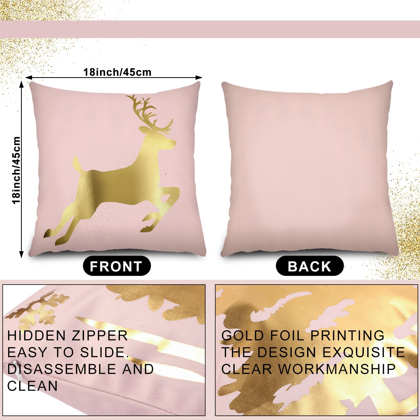 Tatuo 6 Piezas de Fundas de Almohada de Navidad Decorativas Cubiertas de Cojines Navideñas Festivales para Sofá Hogar Oficina Dormitorio Decoración Adorno, 45 x 45 cm (Rosado, Oro)