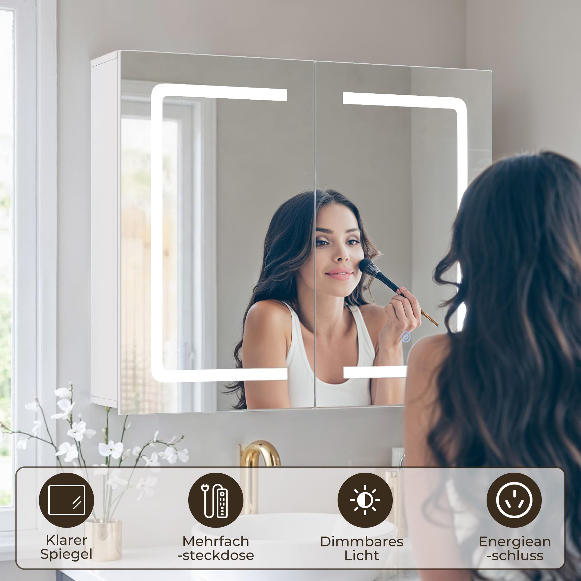 Armoire de Salle de Bains avec Miroir et Éclairage LED Dimmable, Capteur Tactile, Prise Électrique, Étagères Réglables, Double Porte en MDF de Haute Qualité, Blanc (60 x 70 cm)
