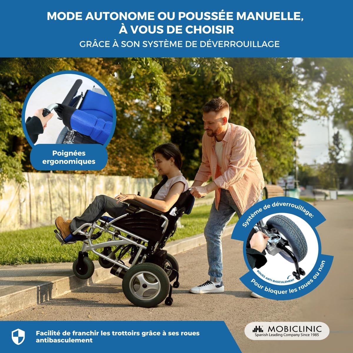 Mobiclinic®, Fauteuil roulant électrique lyra pliable, Autonomie 20 km, 2 batteries au gel 24v/200w*2, Aluminium, Ultra-léger, Poids, Jusqu'à 120 kg, Avec marche arrière, Joystick ambidextre