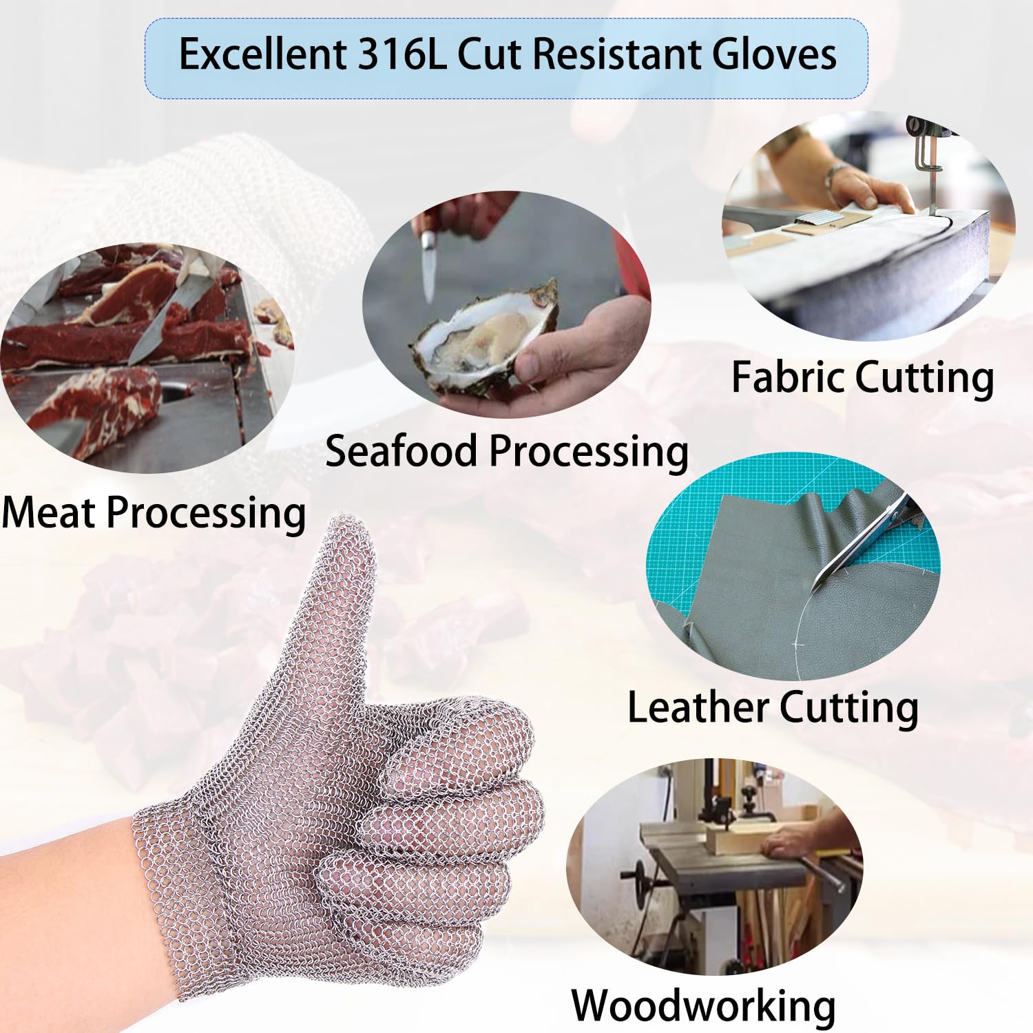 Guantes resistentes a los cortes de malla metálica de acero inoxidable de grado alimenticio para carnicero, corte de carne, pescado, fileteo, ostras, corte de ropa y procesamiento de cuero (mediano