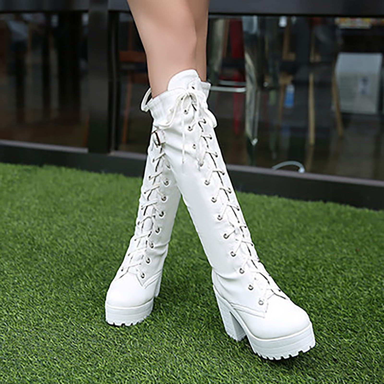 Bottes à plateforme pour femme - Avec talon - Bottes à lacets avec boucle latérale - Bottes de motard gothiques à talons hauts - Bottes hautes pour femme