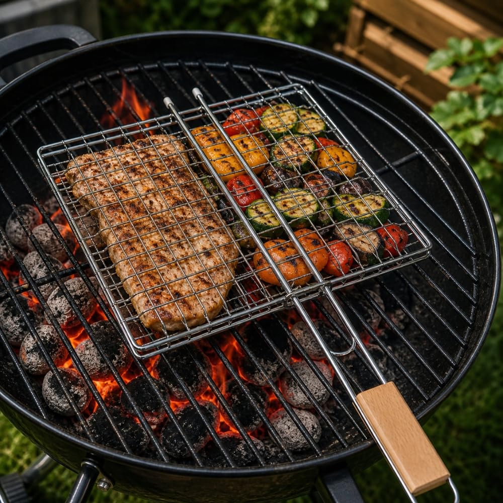 Double Grille Barbecue Carrée en Acier Chromé, 25x25 cm, Lot de 2, Manche Ergonomique, pour Viandes, Poissons et Légumes