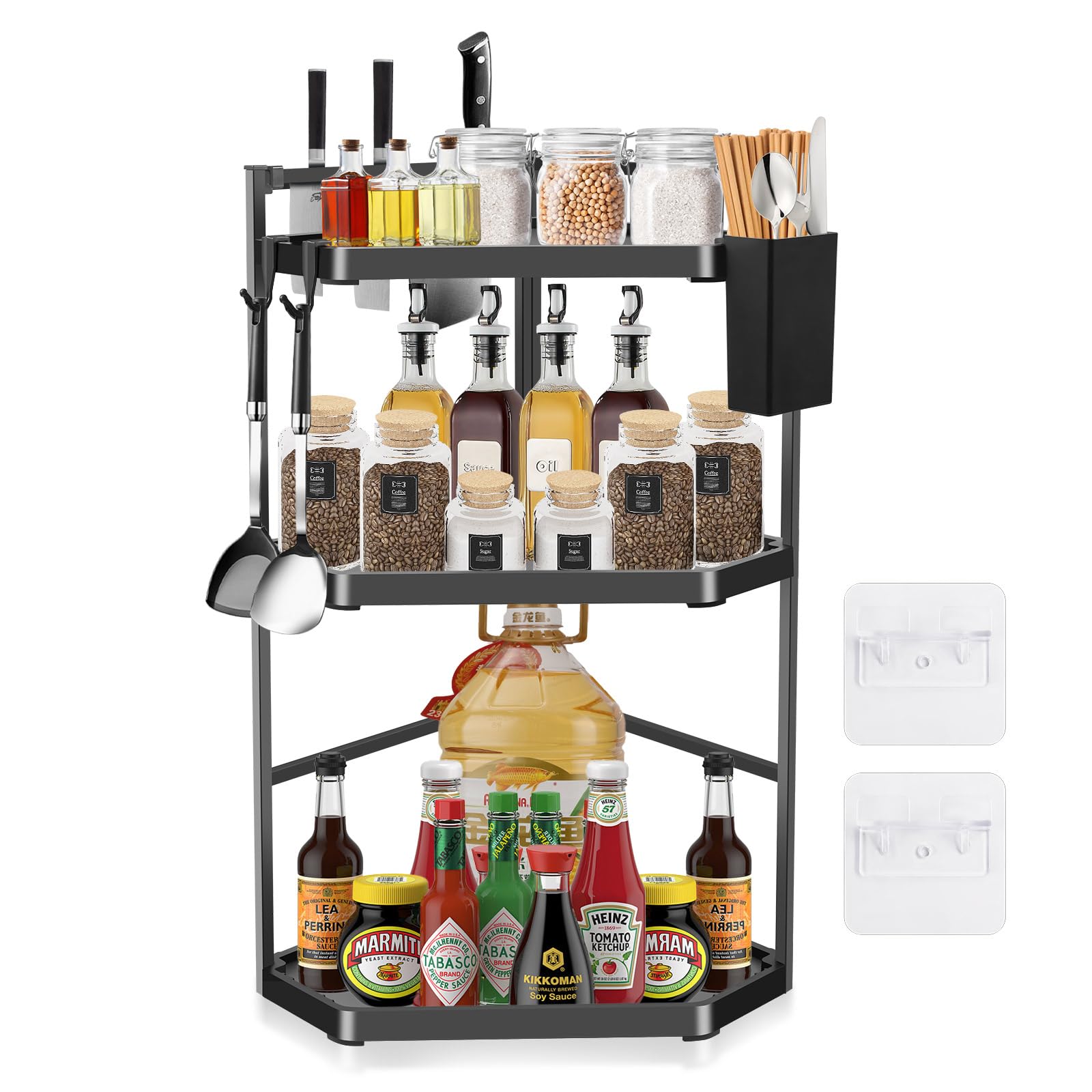 MaxEarn 3 Tier Adjustable Corner Kitchen Shelf, 60 cm Extra Large Worktop Spice Rack, Triangular Wall Spice Rack Made of Stainless Steel, Corner Shelf Organiser for Kitchen and Bathroom