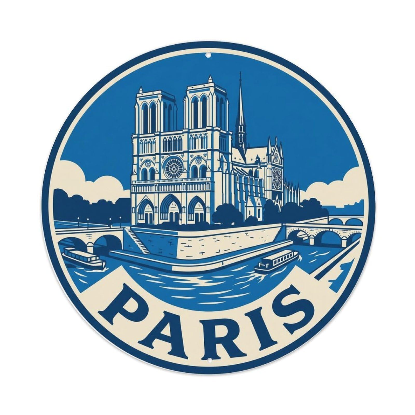 Vintage Travel Parisian Notre Dame 2 Metal Tin Sign Plaque Wall Decor for Cafe, Club Bar, Office, Home Garden Round Metal Poster 8x8Inch