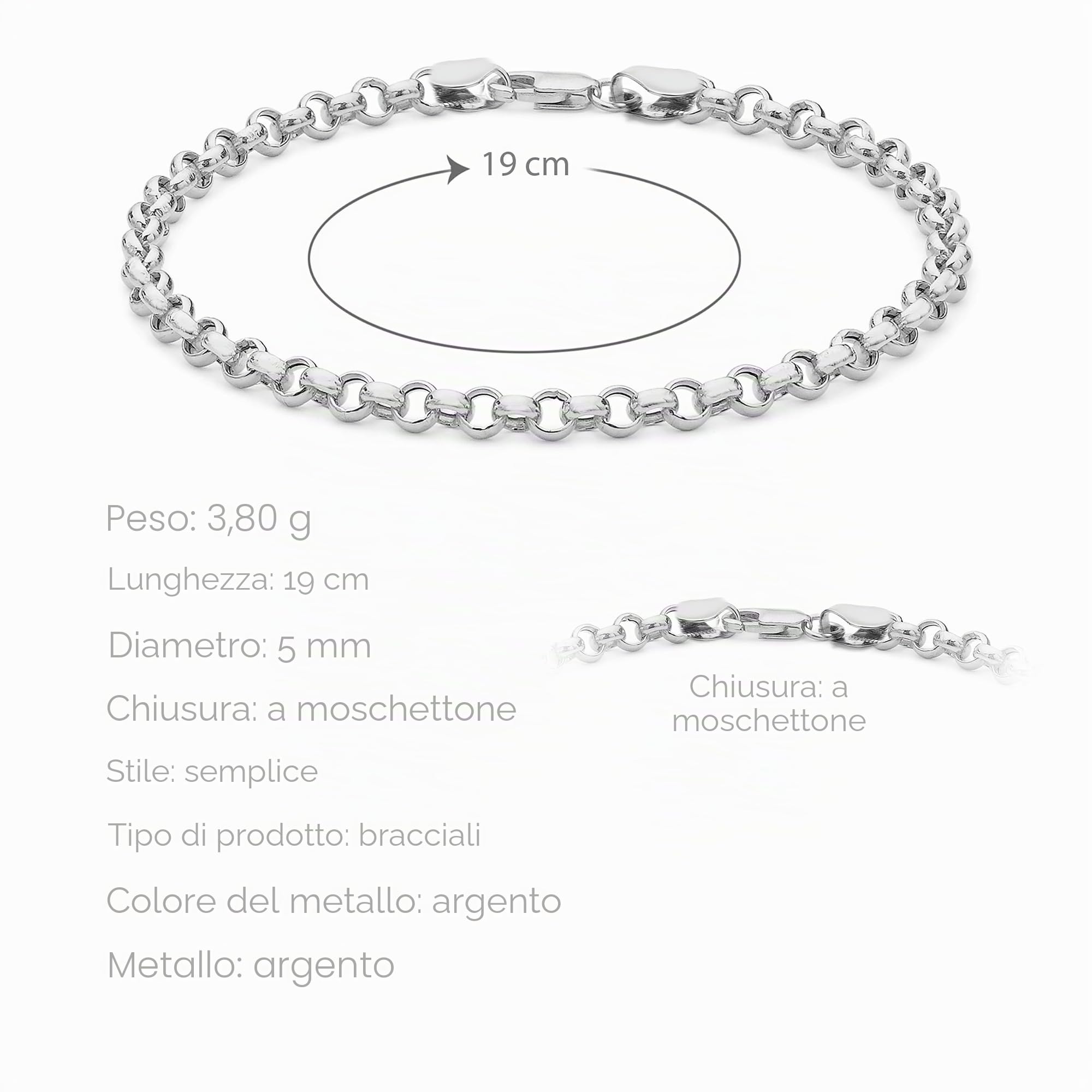 Tuscany Silver Bracciale in Argento Sterling Charm Round Belcher da 19 cm/7.5 pollici da Donna