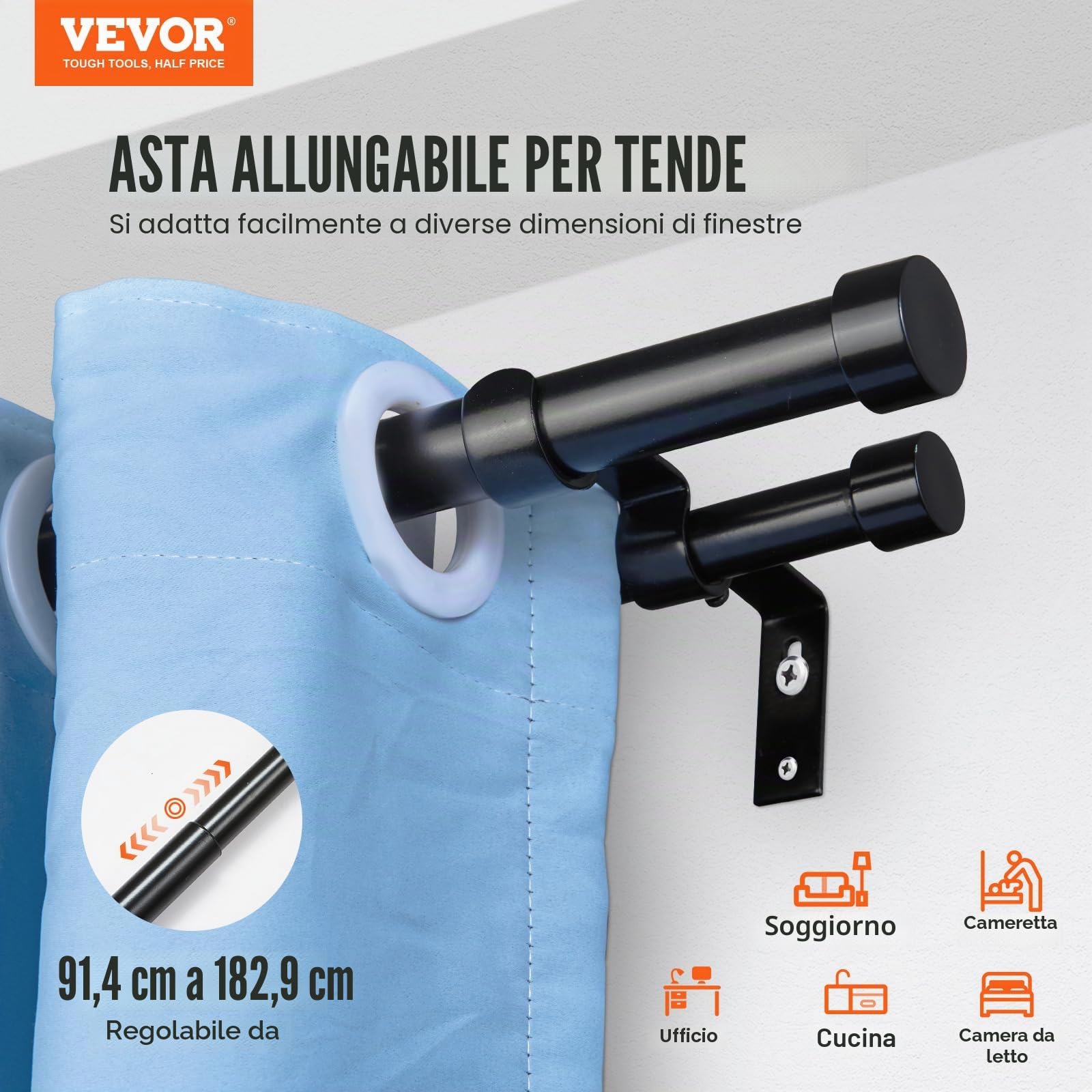 VEVOR Bastone per Tende Doppio Bastone per Tende Estensibile 92-183 cm Carico max. 13,6 kg ca., Asta per Tende da Interno Lunghezza Regolabile per Soggiorno Bagno Camera da Letto, Palo Doppio Tende