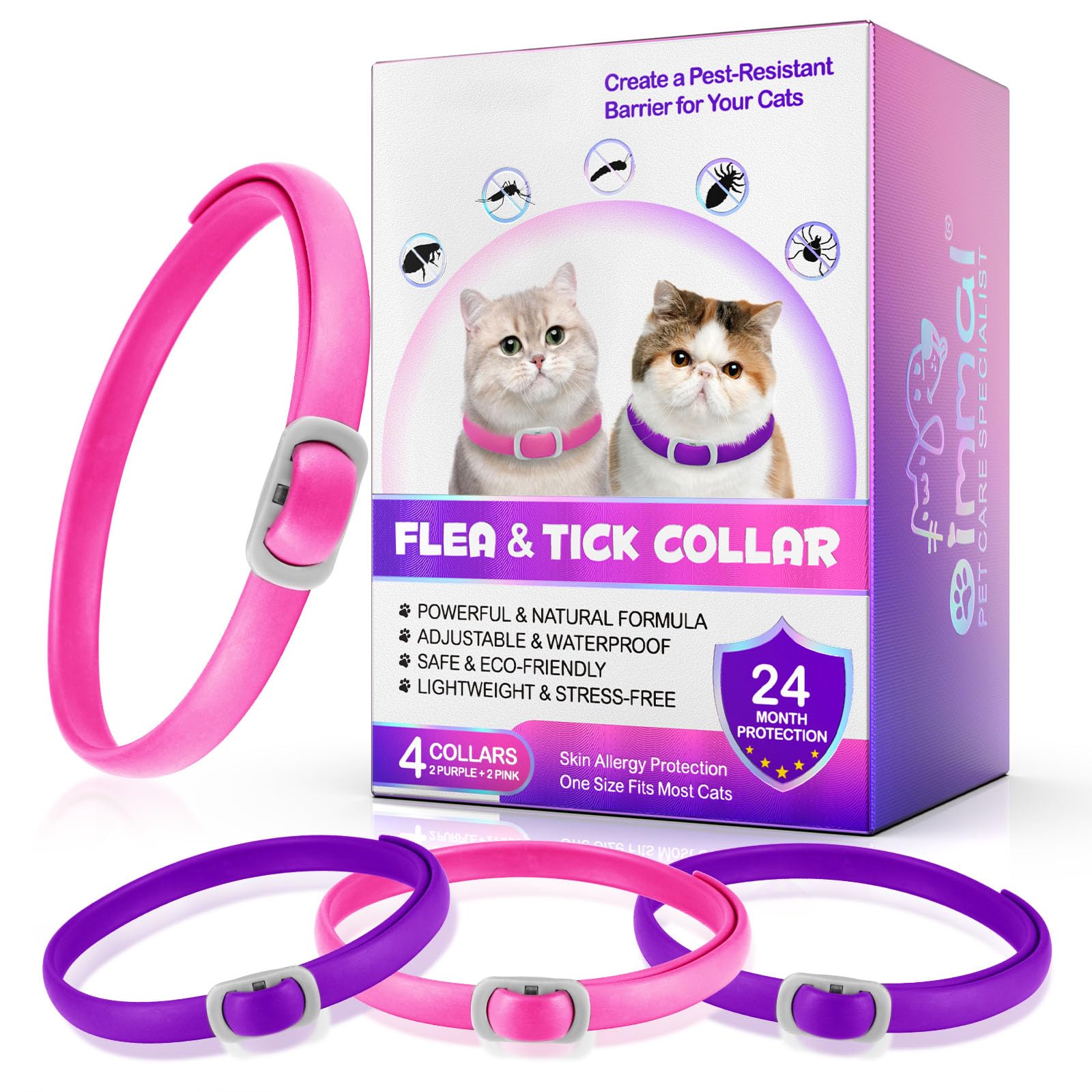4 Pack Collar for Cats, Collari per Gatti, Morbido e Sicuro, Regolabile e Impermeabile, Naturale e Sicuro, Lunghezza 48 cm, Cat Collar for 24 Months Protection