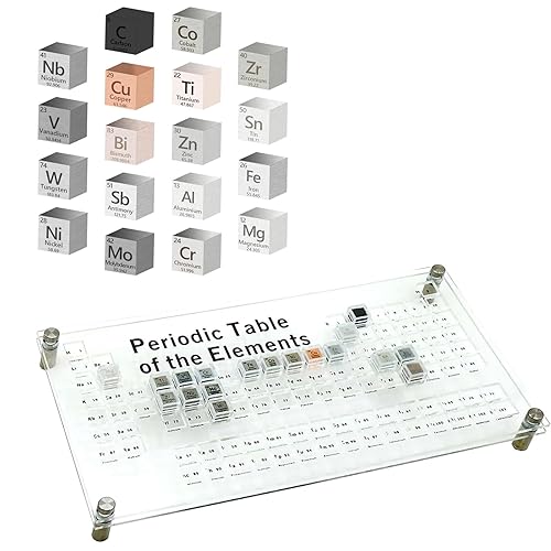 Juego de cubos de elementos de 18 piezas de metal puro con bandeja de plexiglás acrílico, juego de cubos de elementos para colección periódica de