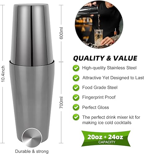 Miniatura 10 de Juego de coctelera, 23 piezas Boston de acero inoxidable con soporte acrílico y folleto de recetas de cócteles, herramientas profesionales para