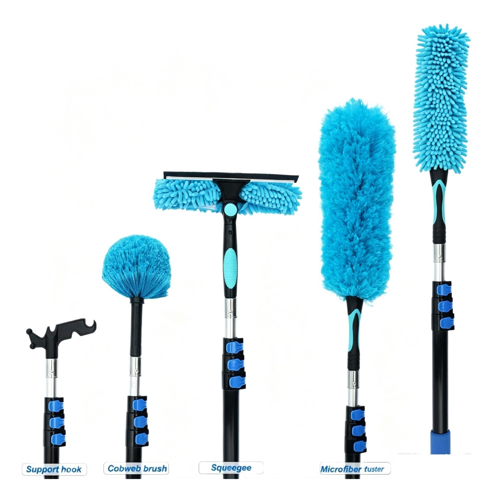 Kit de plumero con barra de extensión de 12 pies, cepillo for telaraña de techo, escurridor de vidrio, limpiador de aspas de ventilador con gancho utilitario